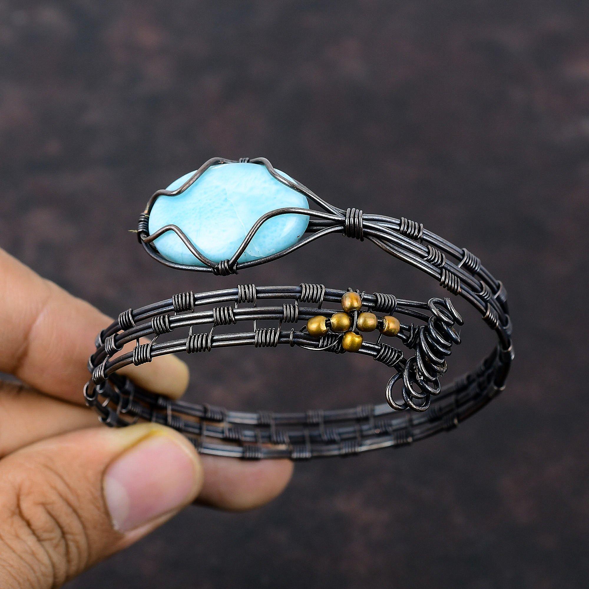 Браслет-манжета Ларимар, обмотанный медной проволокой, регулируемый браслет-манжета, ювелирное изделие, обмотанное медной проволокой, подарок для него, ювелирное изделие из драгоценного камня ручной работы