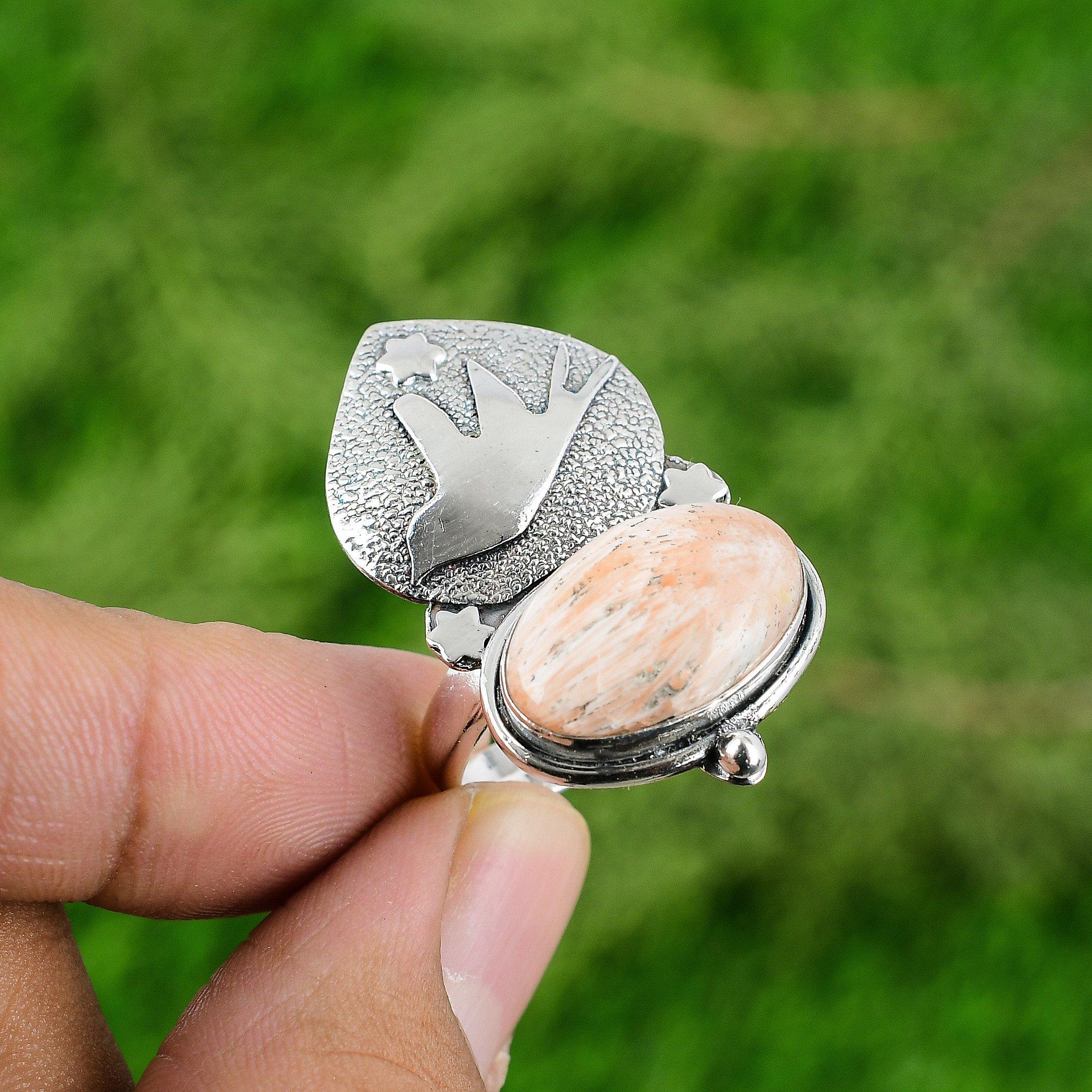 Natural Scolecite Gemstone Stackable Peach Adjustable Ring 925 Sterling Silver
