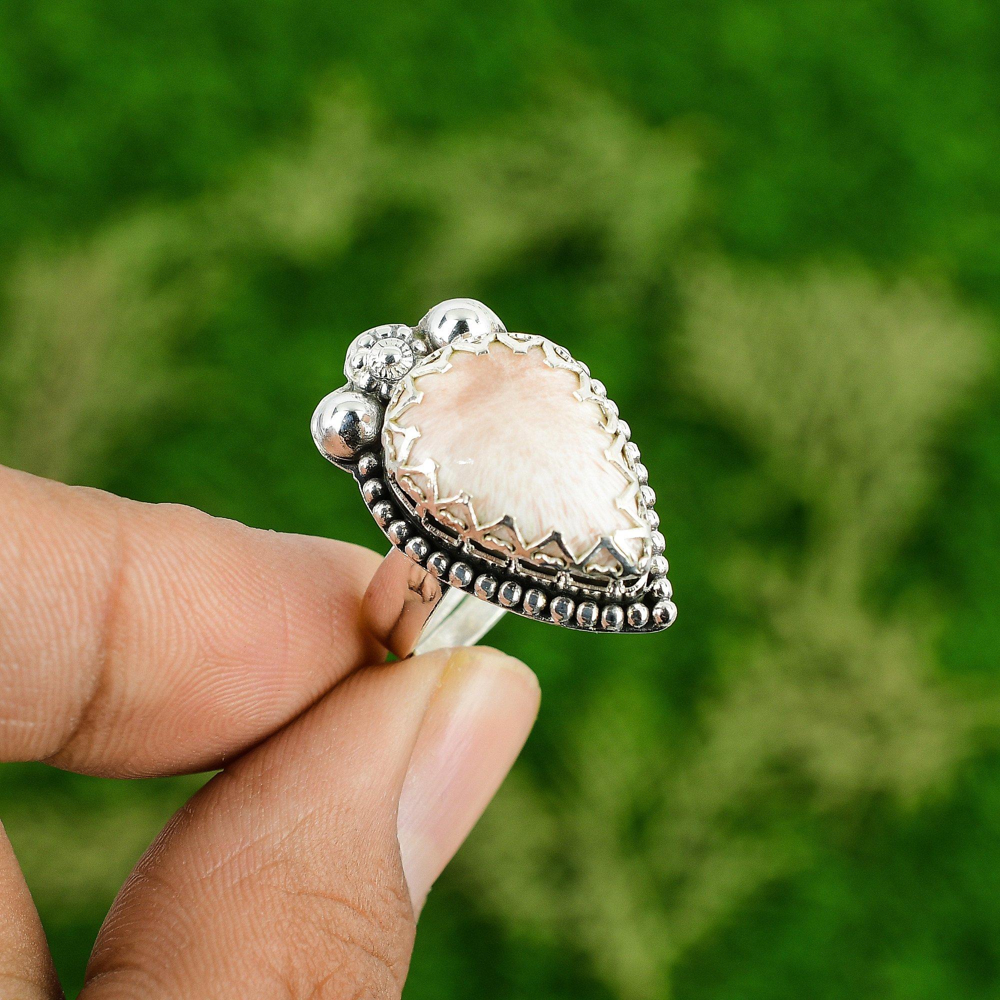 Scolecite Stone 925 Sterling Silver Artisan Statement Crown Chakra Ring Jewelry