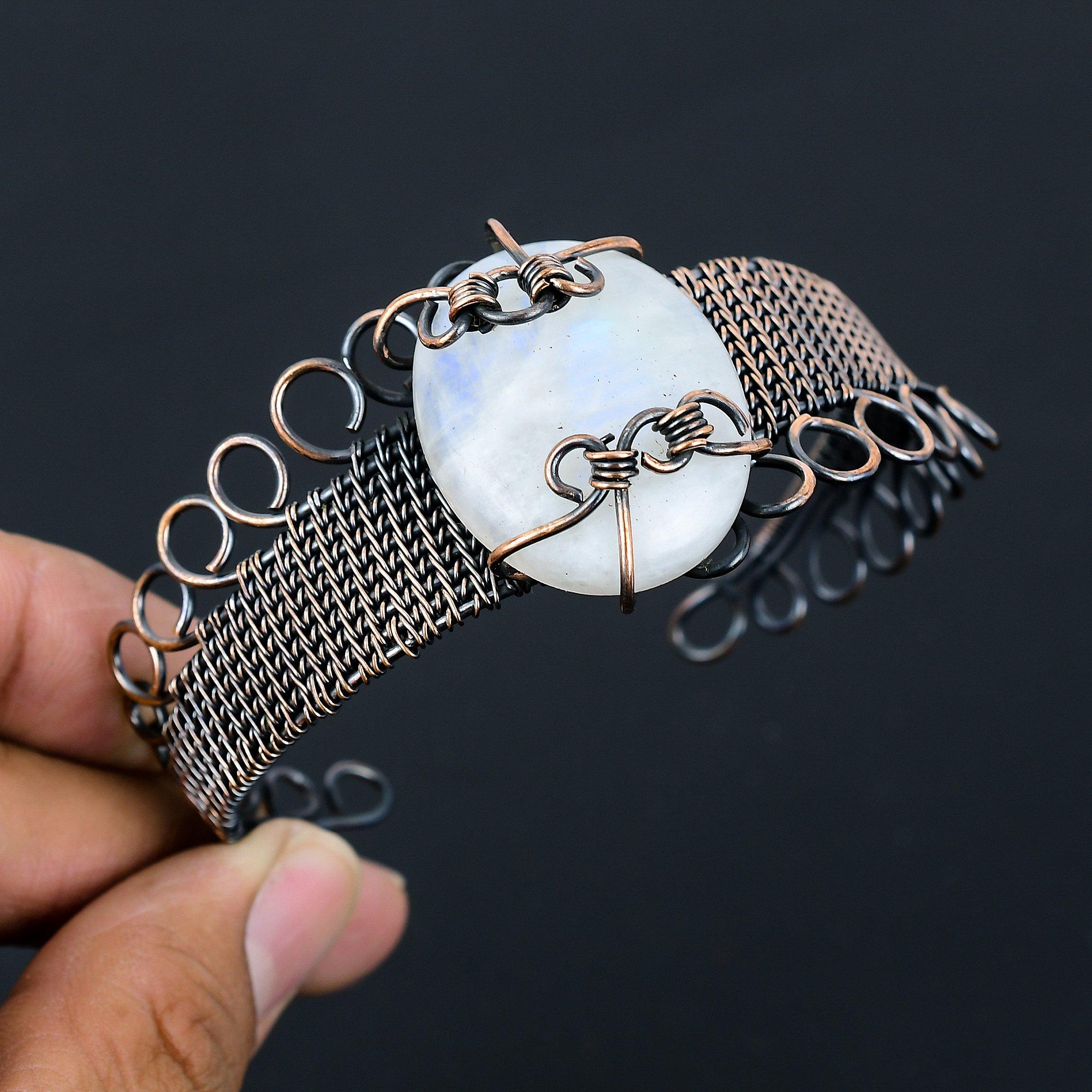 Радужный лунный камень, драгоценный камень, чистая медная проволока, завернутая в манжеты/браслет ручной работы, ювелирные изделия для подарка