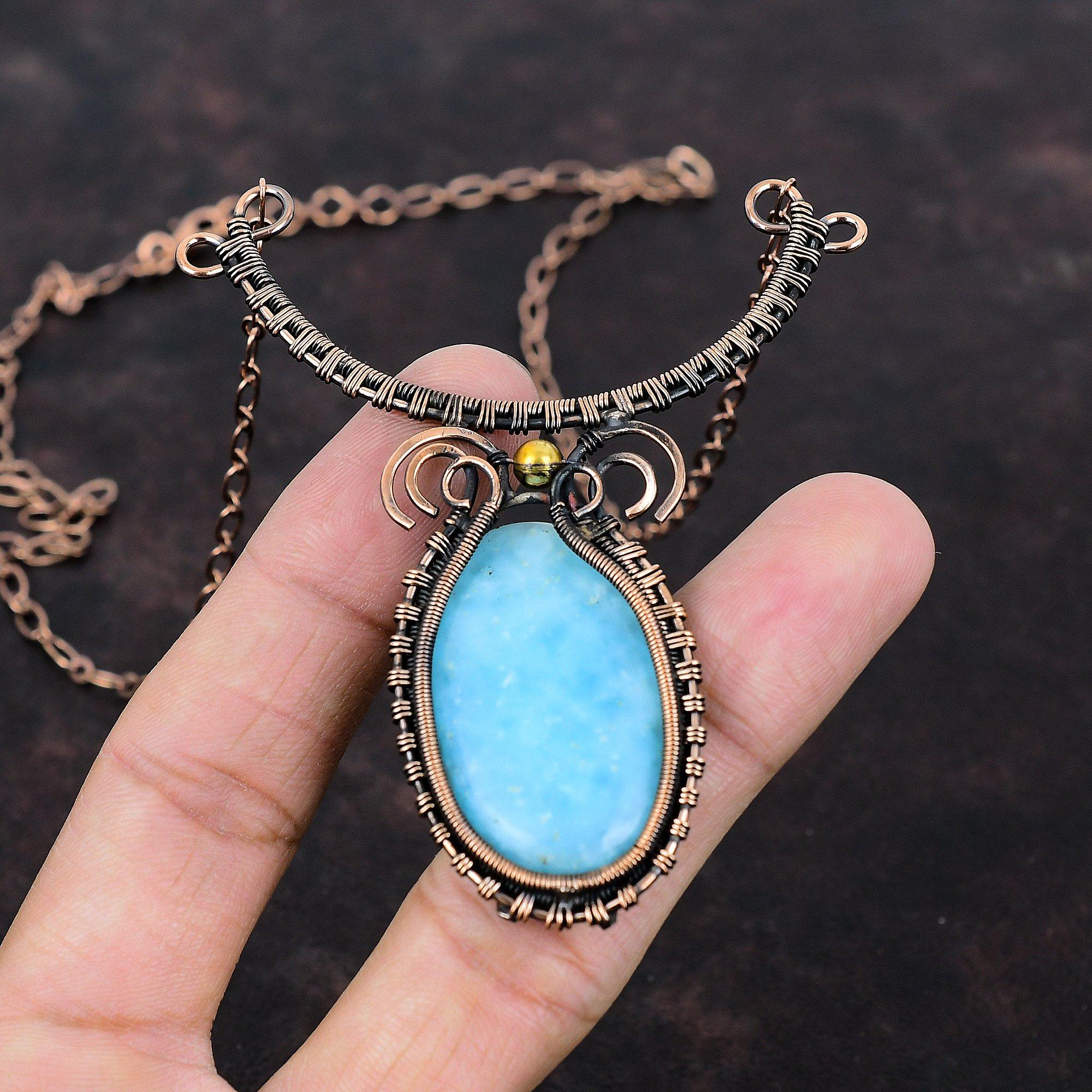 Ожерелье с гемиморфитом Медная проволока Ожерелье из драгоценных камней Ожерелье ручной работы Медные украшения Регулируемое ожерелье Проволочная обмотка Ювелирные изделия для подарка