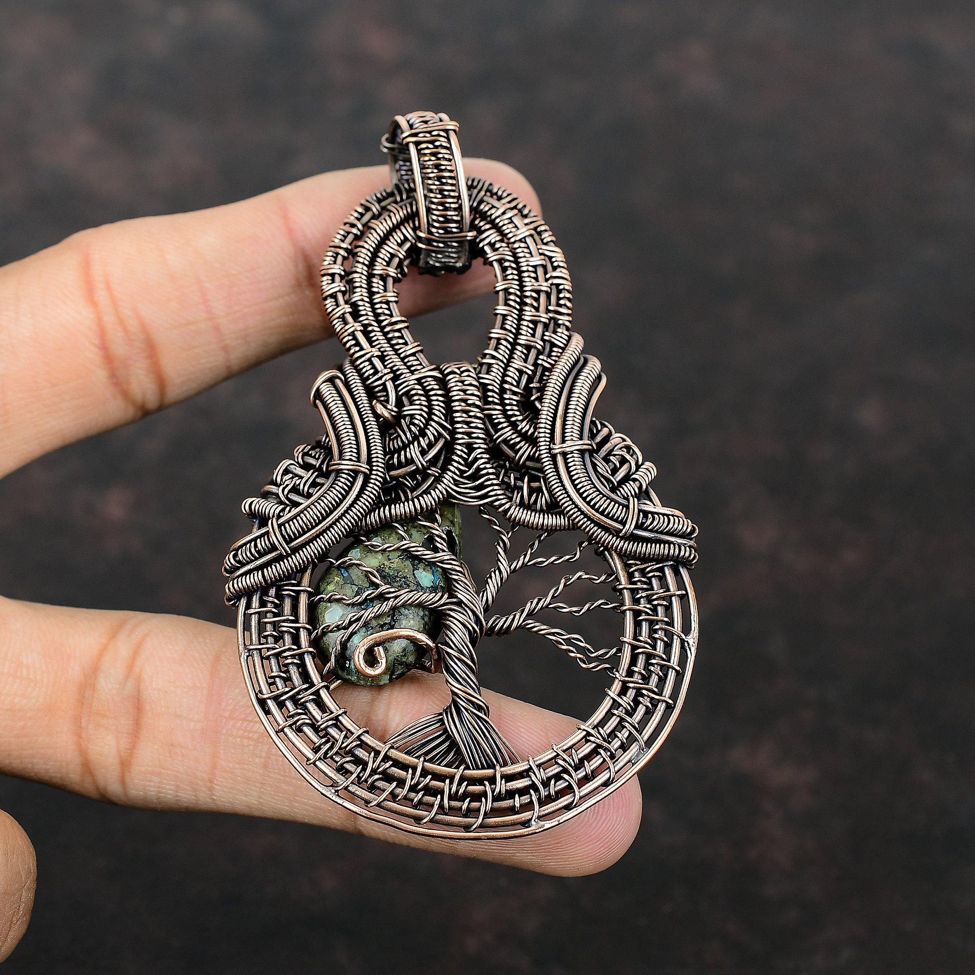 Подвеска «Дерево жизни» из азурита и малахита, подвеска из медной проволоки, обернутая драгоценным камнем, ручная работа, медная бижутерия, проволочная бижутерия, подарок для нее, уникальный кулон