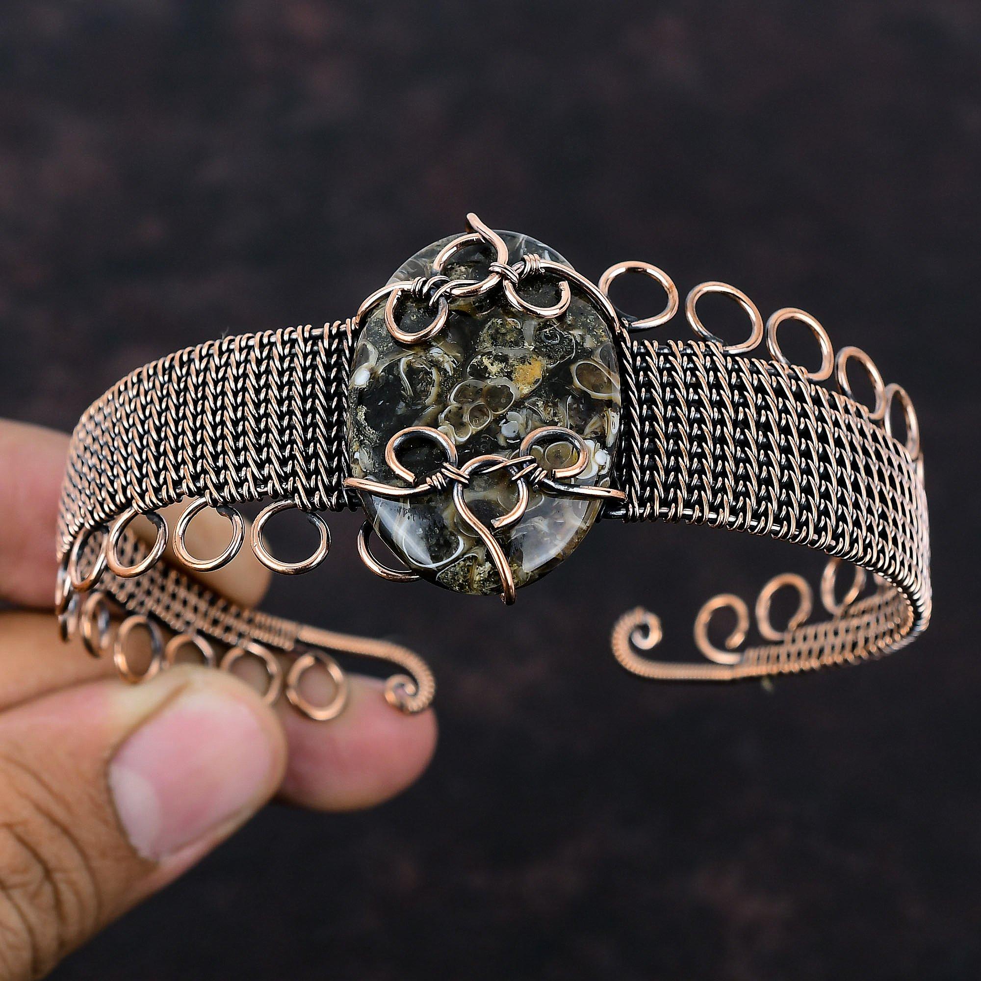 Turritella Agate Cuff Bracelet Copper Wire Wrapped Gemstone Jewelry Handmade Adjustable Cuff Bracelet Copper Wire Wrap Bangle Gift For Mom