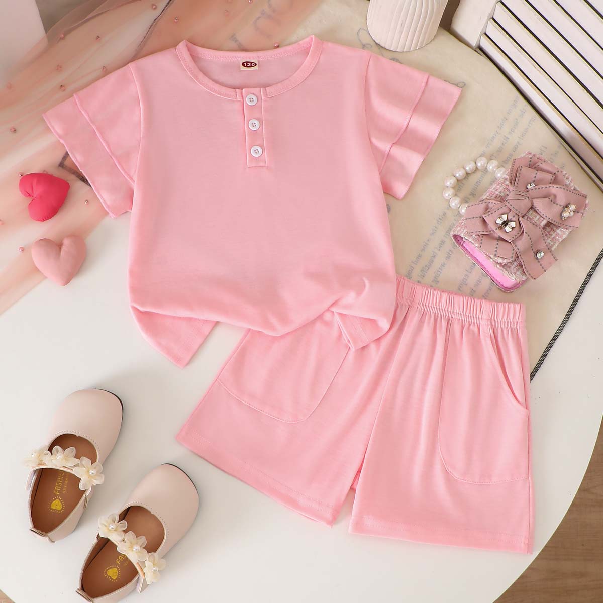 Girls 2 Piece Outfit 1-8Y Pink Unicorn Print T-Shirt with Shorts Set Kids Ruffle Sleeve Summer Clothing Sets