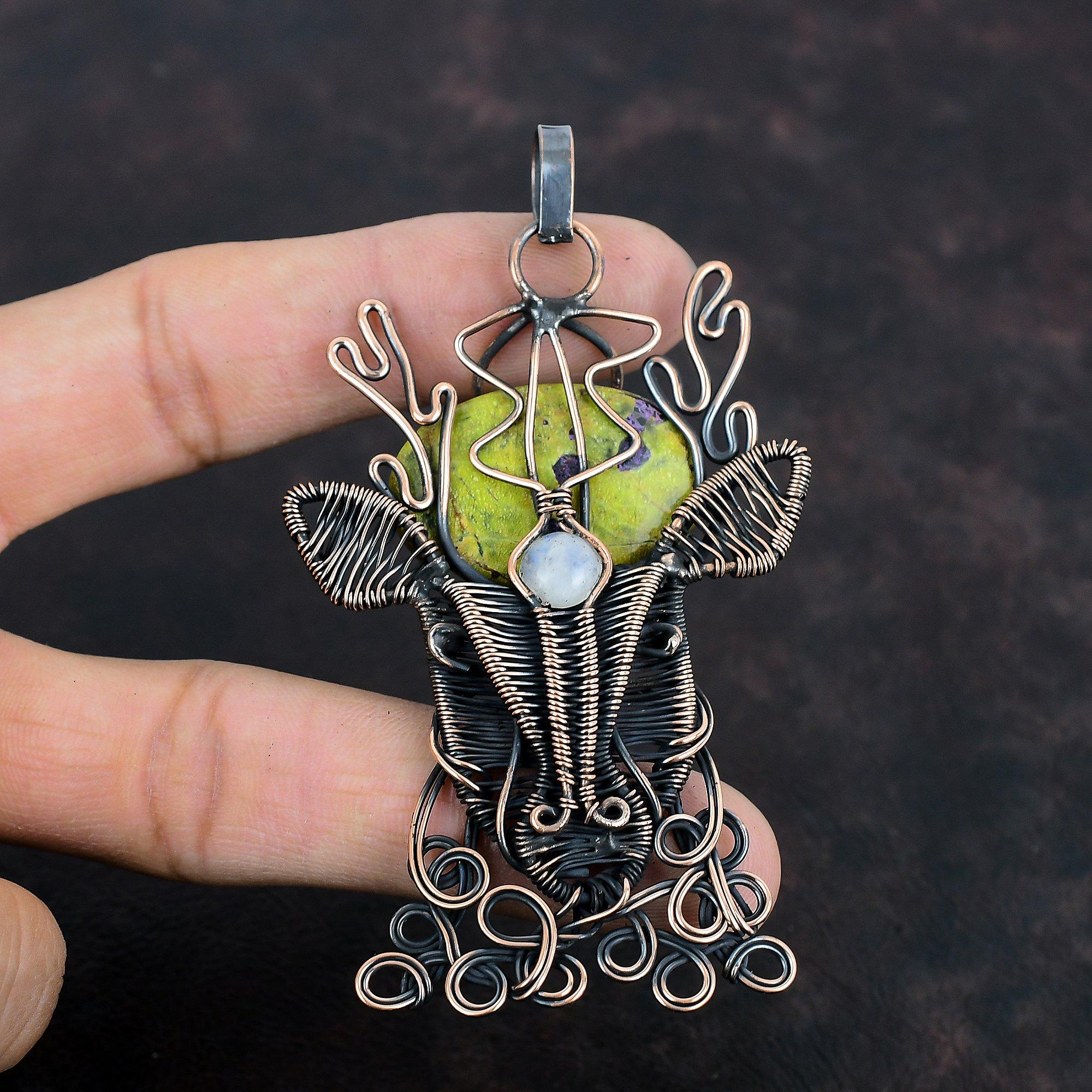 Stichtite Pendant Copper Wire Wrapped Pendant Rainbow Moonstone Copper Jewelry Handmade Pendant Gemstone Deer Face Pendant Anniversary Gifts