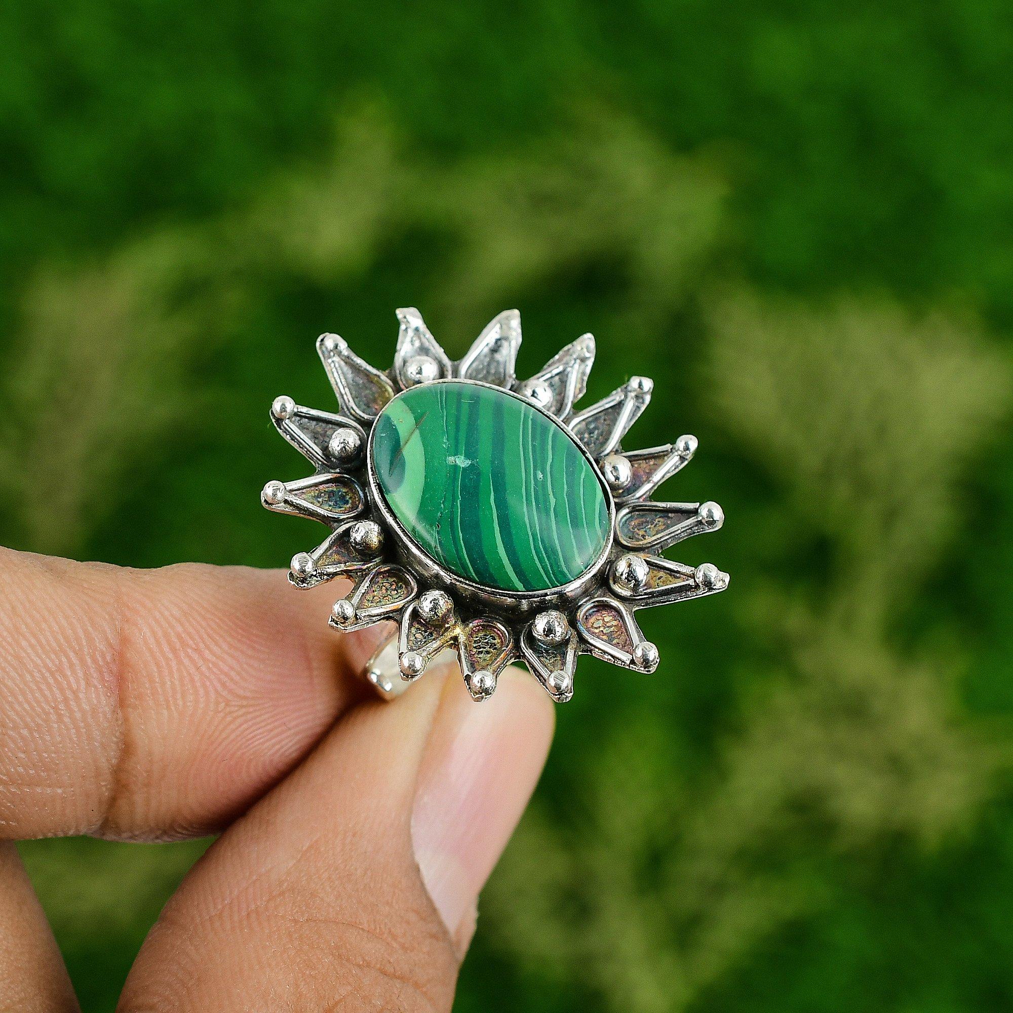 Стерлинговое серебро Русский малахит Камень Дочь Заявление Кольцо-цветок Ювелирные изделия