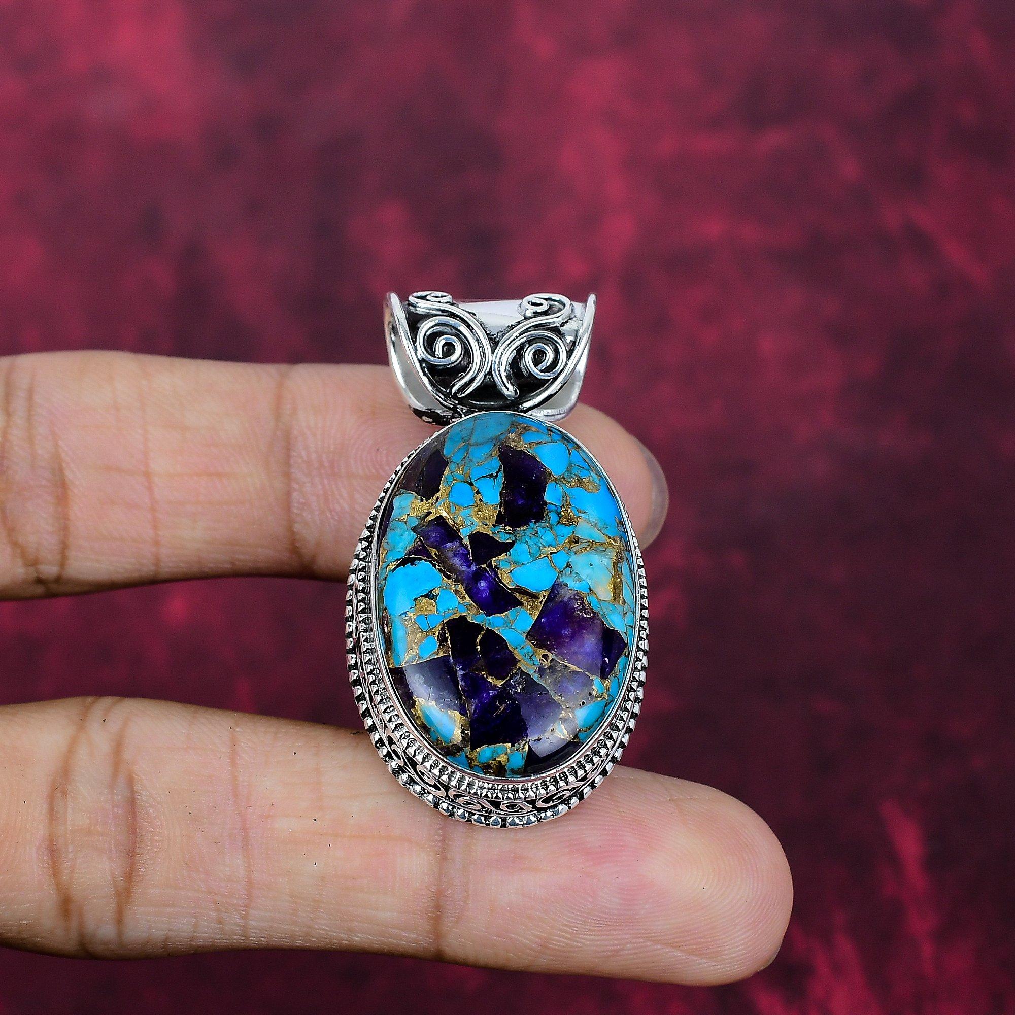 Медный Аметист Бирюза Кулон из драгоценных камней ручной работы, Кулон из стерлингового серебра 925 пробы, Антикварные украшения, Для Дня памяти