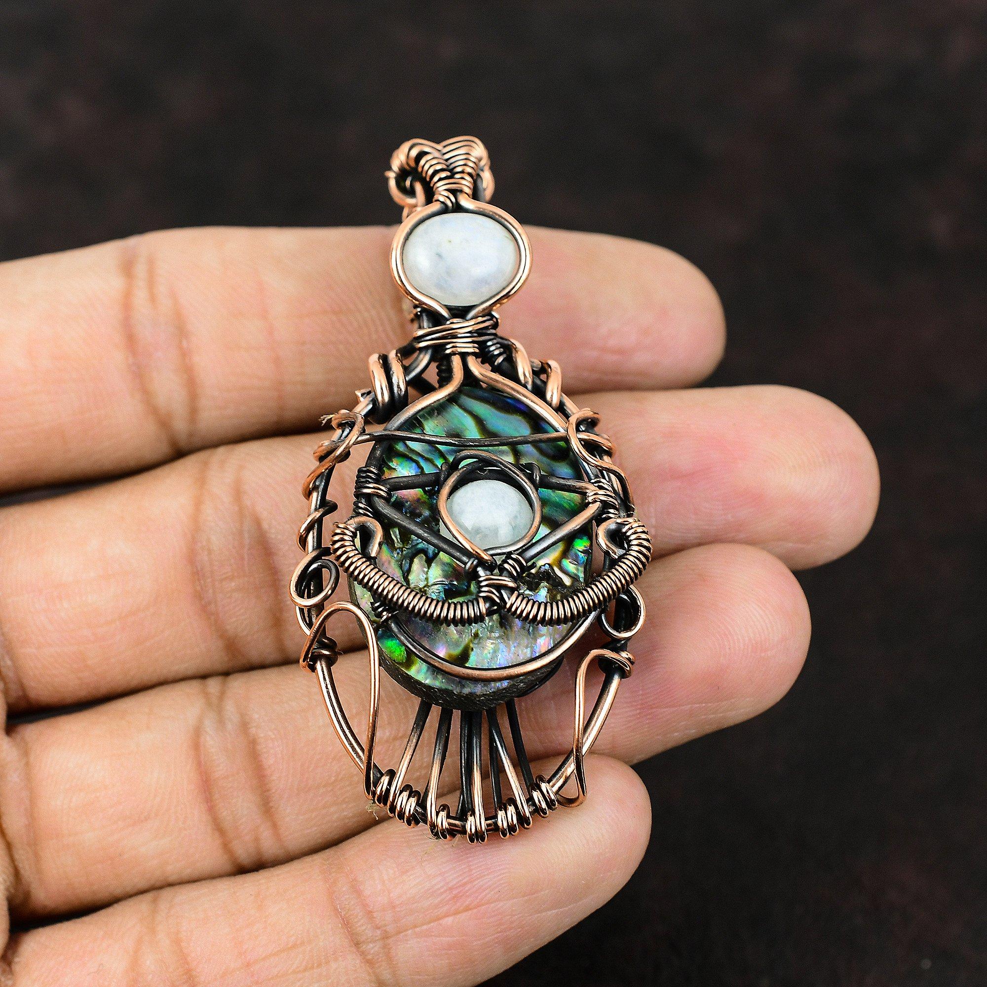 Сглаз, морское ушко, медная проволока, обернутый кулон, Радуга, лунный камень, драгоценный камень, медные украшения, кулон ручной работы, подарок для него, украшения от сглаза