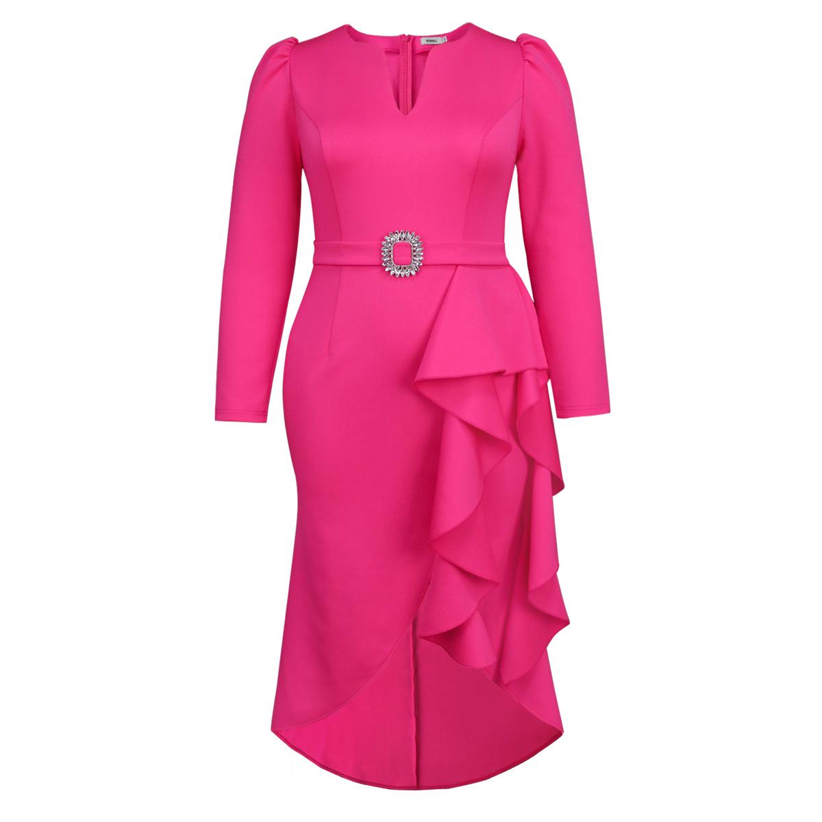 AOMEI Fuchsia V Neck Hem Flounced Dresses Long Sleeve High Waist Irregular Women Party Midi Gowns