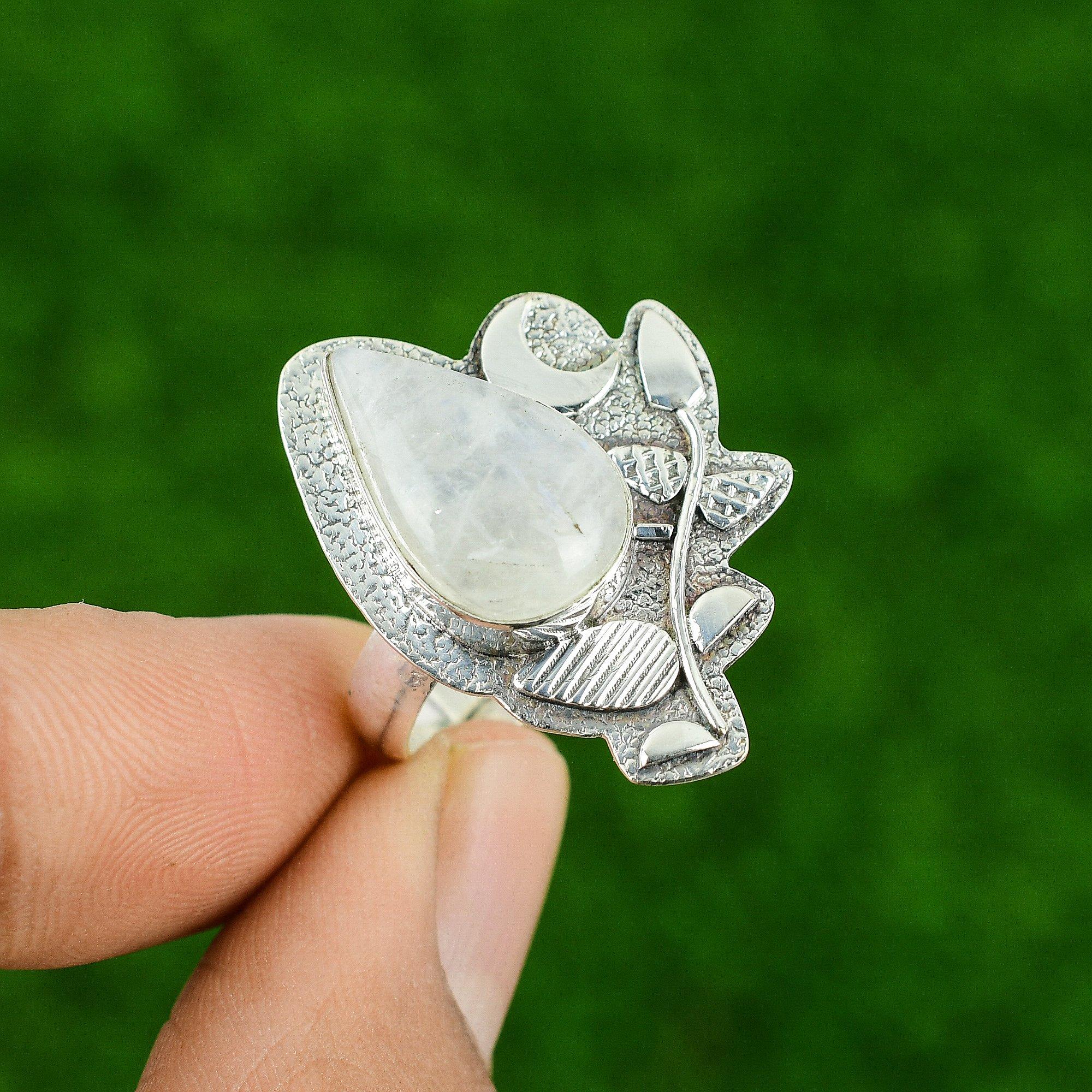 925 Sterling Silver Pear Natural Rainbow Moonstone Trendy Statement Ring Jewelry