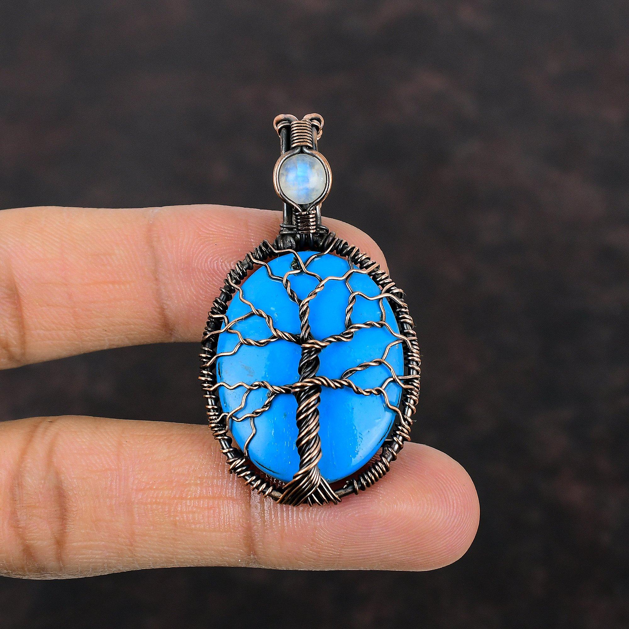 Древо Жизни Спящая Красавица Бирюзовый Кулон Ручной Работы Медная Проволока Обернутые Ювелирные Изделия Лунный Камень Драгоценный Камень Подвеска Медная Проволока Кулон Для Подарка