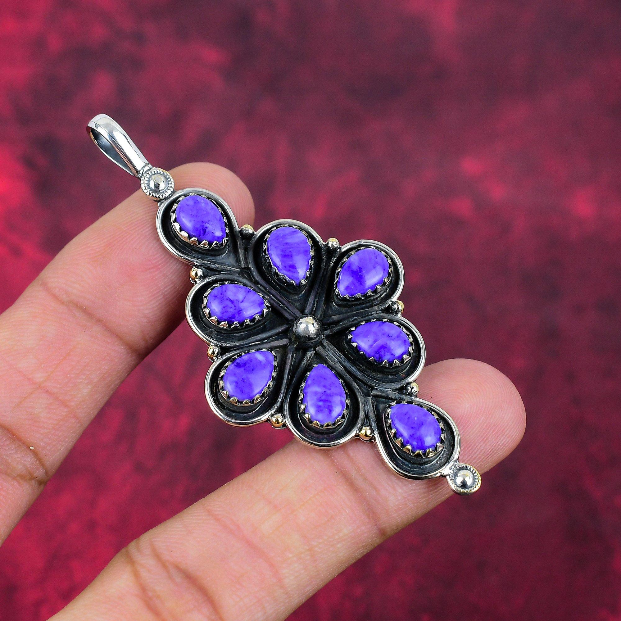 Подвеска из драгоценного камня чароит ручной работы, 925 пробы, серебряная подвеска, антикварная бижутерия, для подарка на помолвку