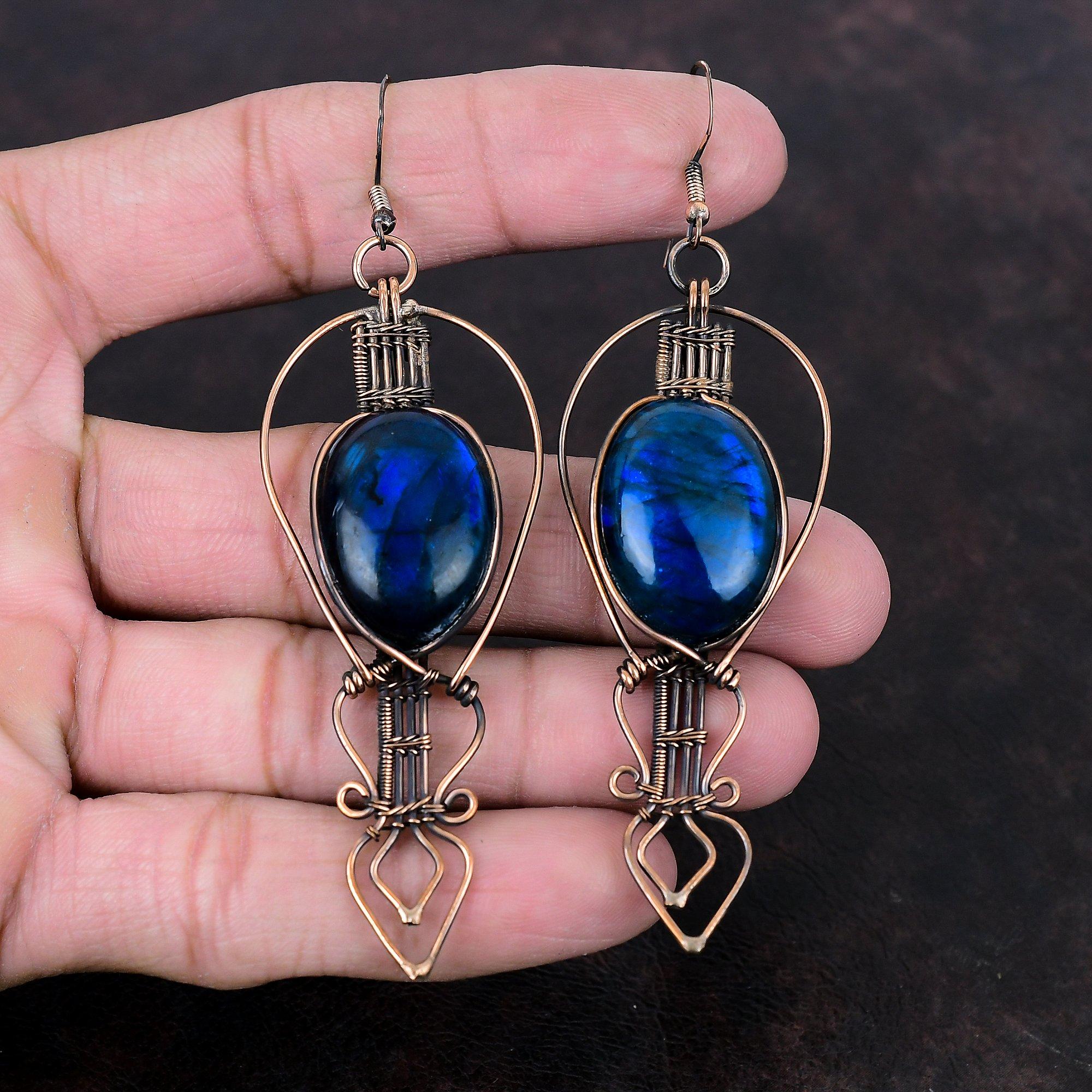 Серьги из синего огненного лабрадорита, серьги из медной проволоки с драгоценными камнями, ювелирные изделия из меди ручной работы, уникальные серьги в подарок для матери, ювелирные изделия из проволоки