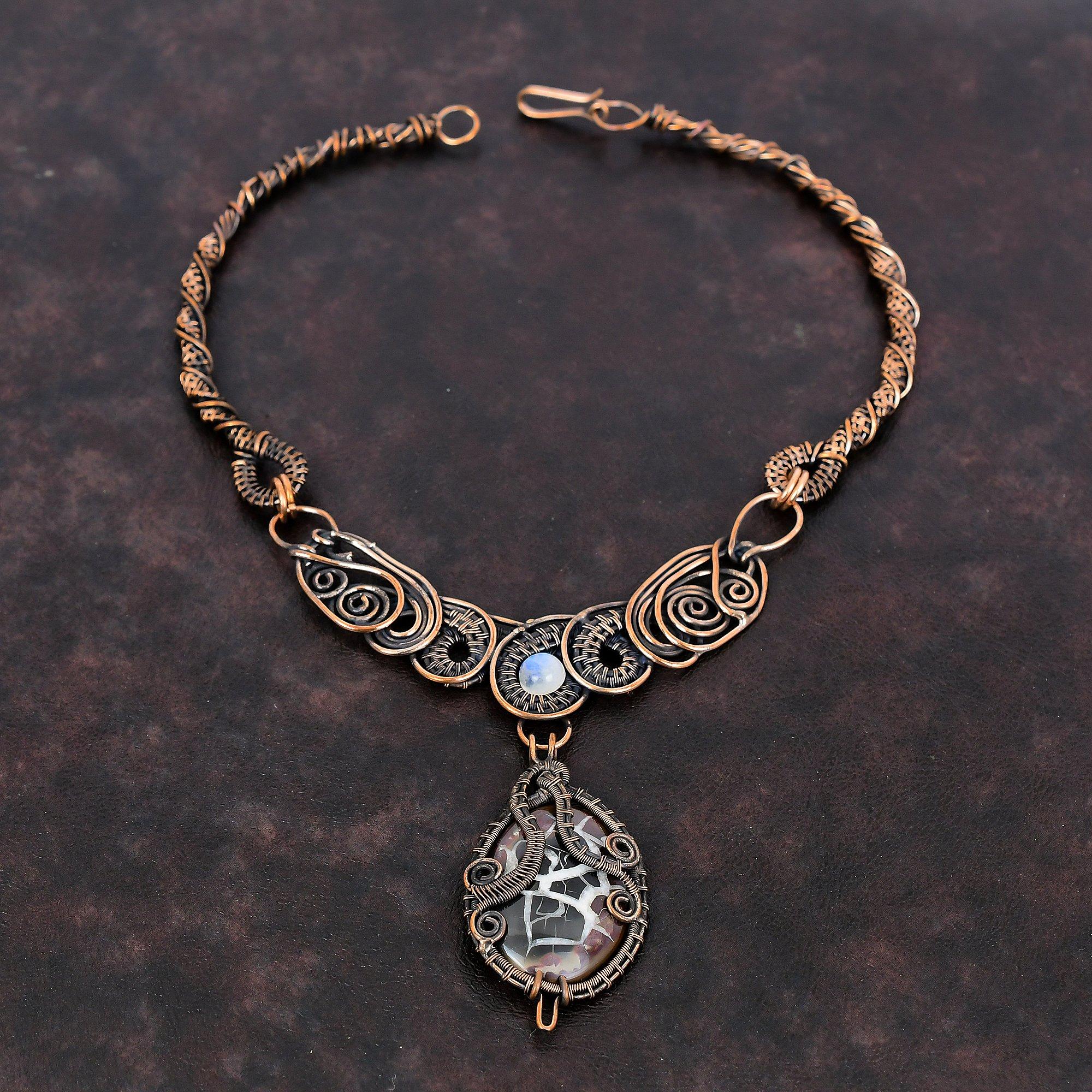 Марокканское ожерелье из ископаемого грязи, трещин, медной проволоки, ожерелье, ювелирные изделия ручной работы, ожерелье из лунного камня, подарок на годовщину, медные украшения