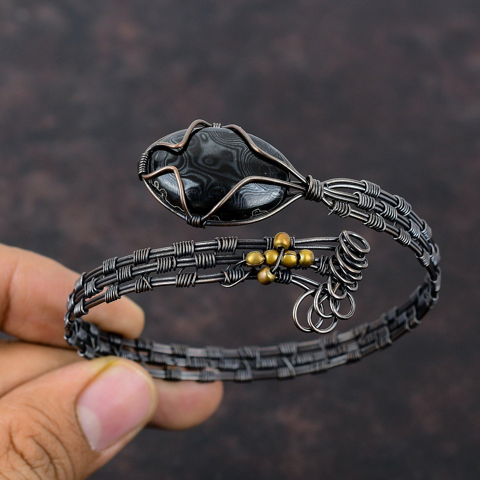 Браслет Psilomelane из медной проволоки, обернутый драгоценными камнями, браслет-манжета ручной работы, стильный браслет, регулируемый браслет из медной проволоки, ювелирные изделия, подарок на годовщину