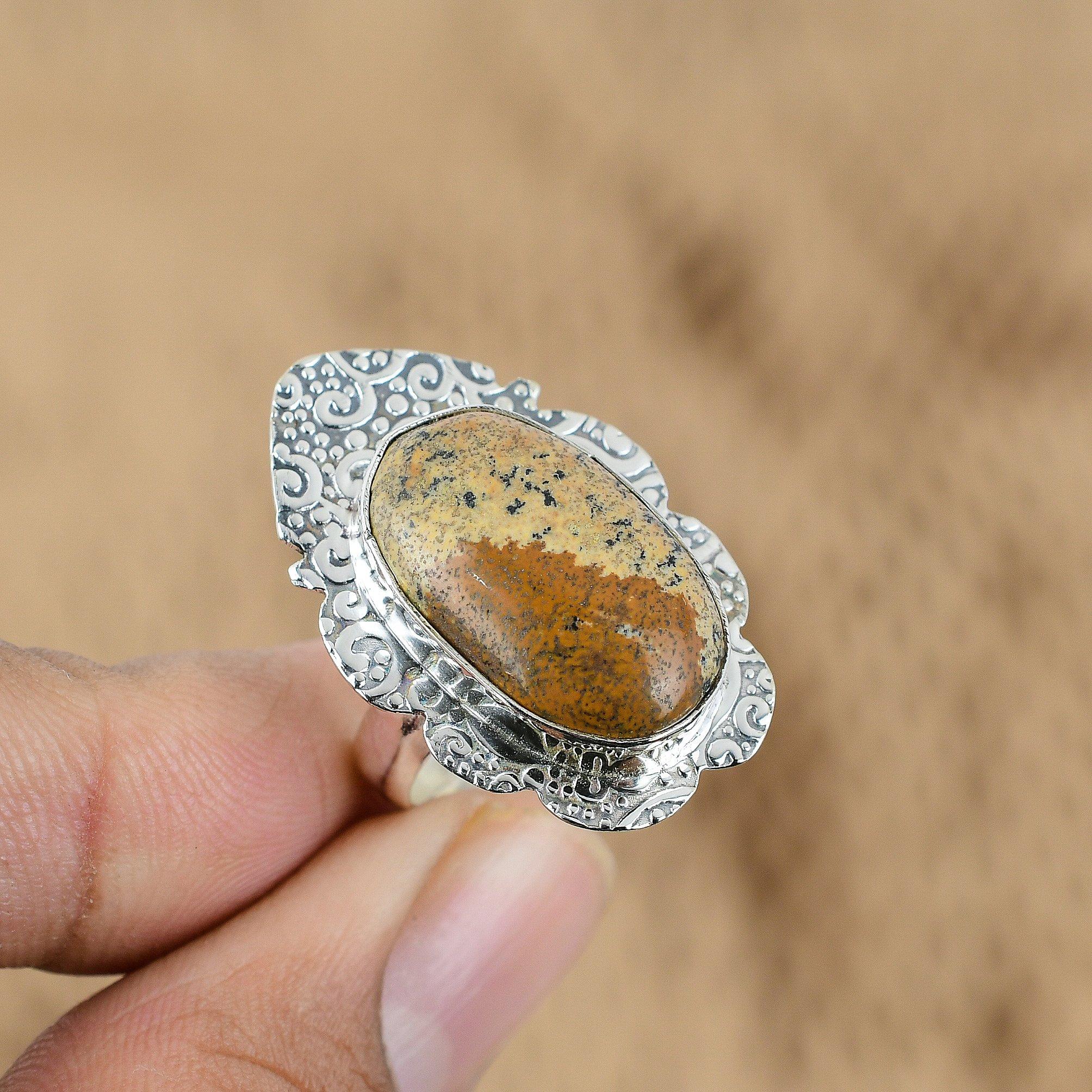 Натуральный камень Яшма Пикассо 925 Серебро Кольцо Обещания Регулируемое для Женщин