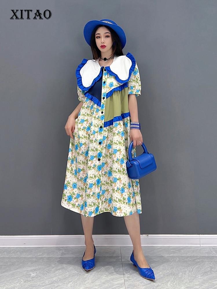Xitao Платье с французским цветочным принтом, модное платье нерегулярного контрастного цвета, съедобное дерево, грибок, лоскутное платье, воротник Питера Пэна, женское ZY7161