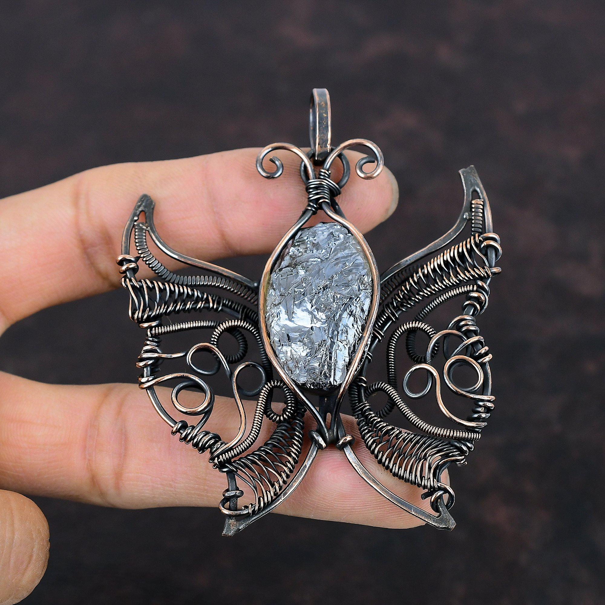 Shungite Rough Pendant Copper Wire Wrapped Pendant Butterfly Jewelry Handmade Gemstone Pendant Copper Jewelry Gift For Him Wire Wrap Jewelry
