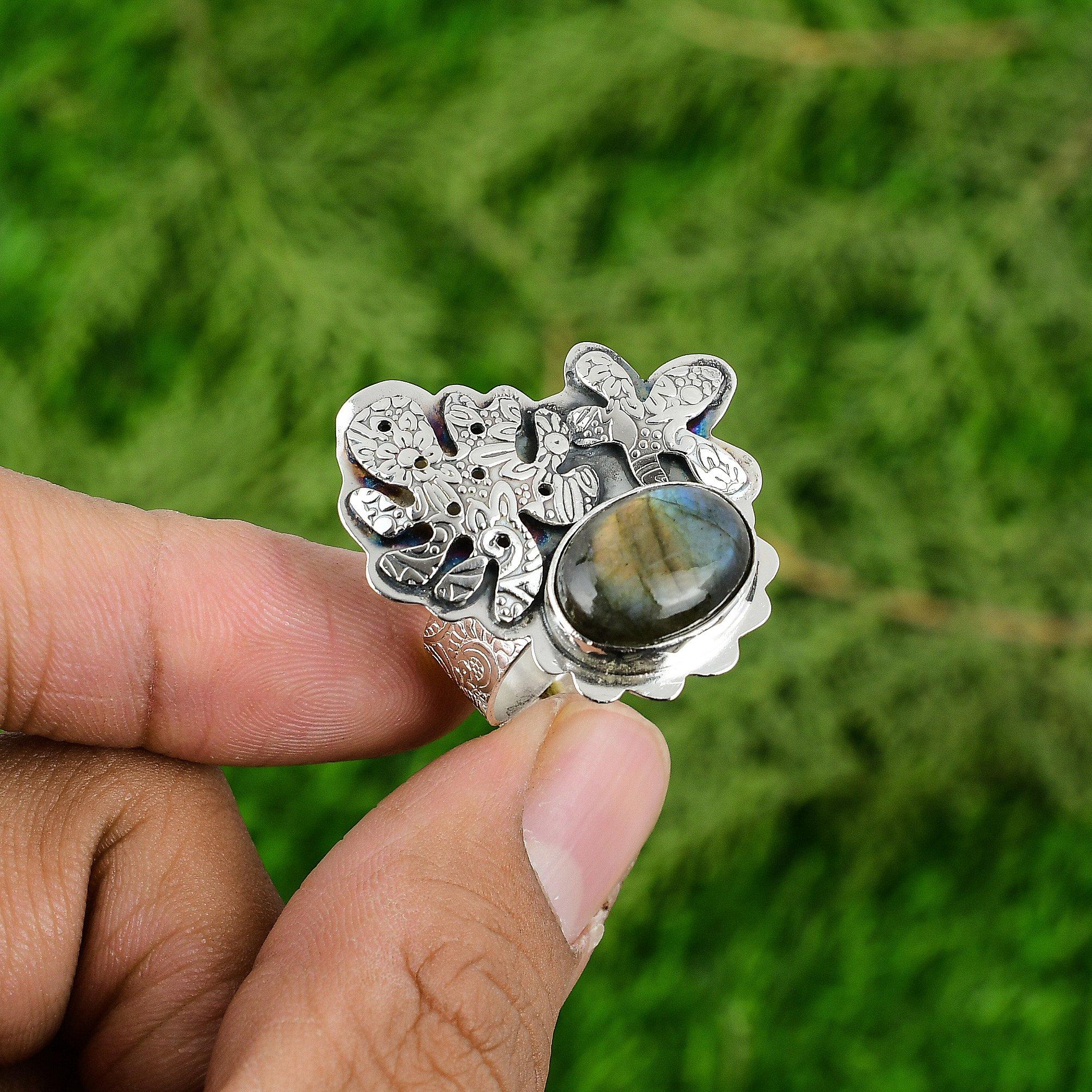 Natural Labradorite Gemstone 925 Silver Multi Stone Adjustable Ring For Girls