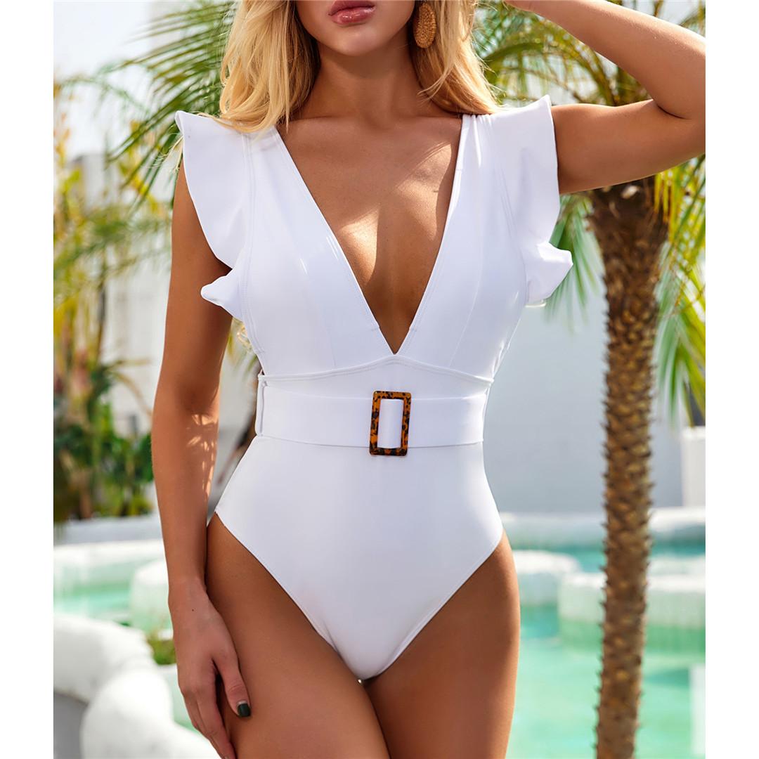 Sexy Ruffled White Deep V One Piece Swimsuit Women Swimwear Female With Belt Monokini Bather Bathing Suit Swim Lady