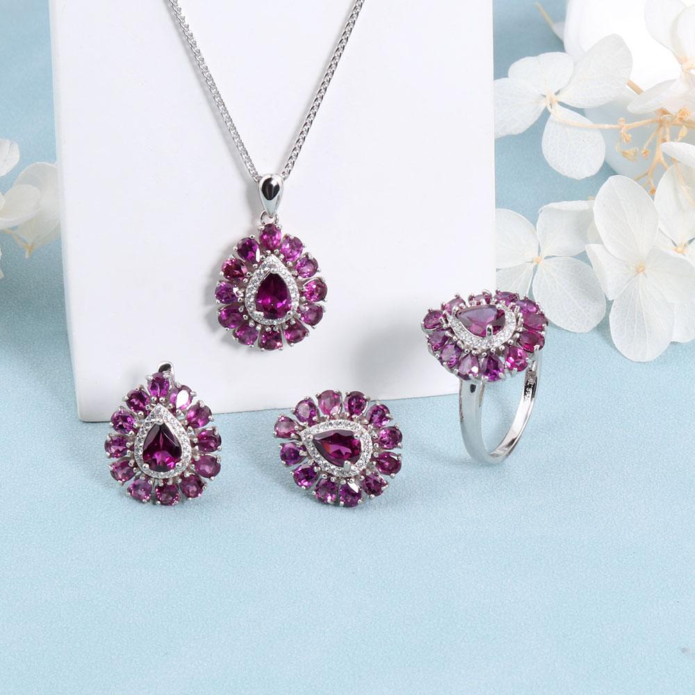 Bolaijewelry Натуральный родолит, кольца, серьги, ожерелье, комплект ювелирных изделий из серебра 925 пробы, изысканные ювелирные изделия для женщин, роскошный подарок на годовщину вечеринки