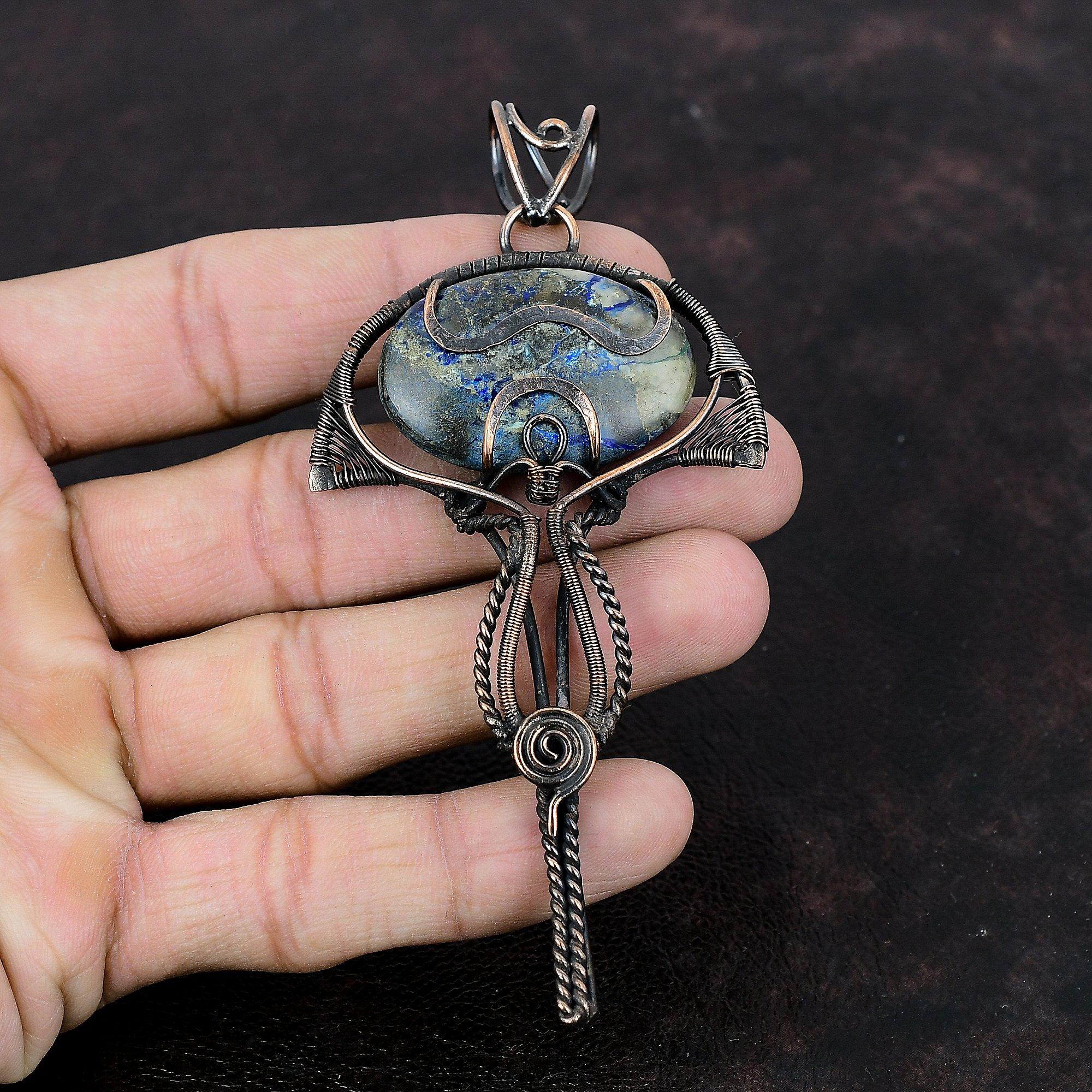 Подвеска из азурита и малахита, подвеска из медной проволоки, стильная подвеска, драгоценный камень, медная подвеска, ювелирное изделие ручной работы, свадебный подарок