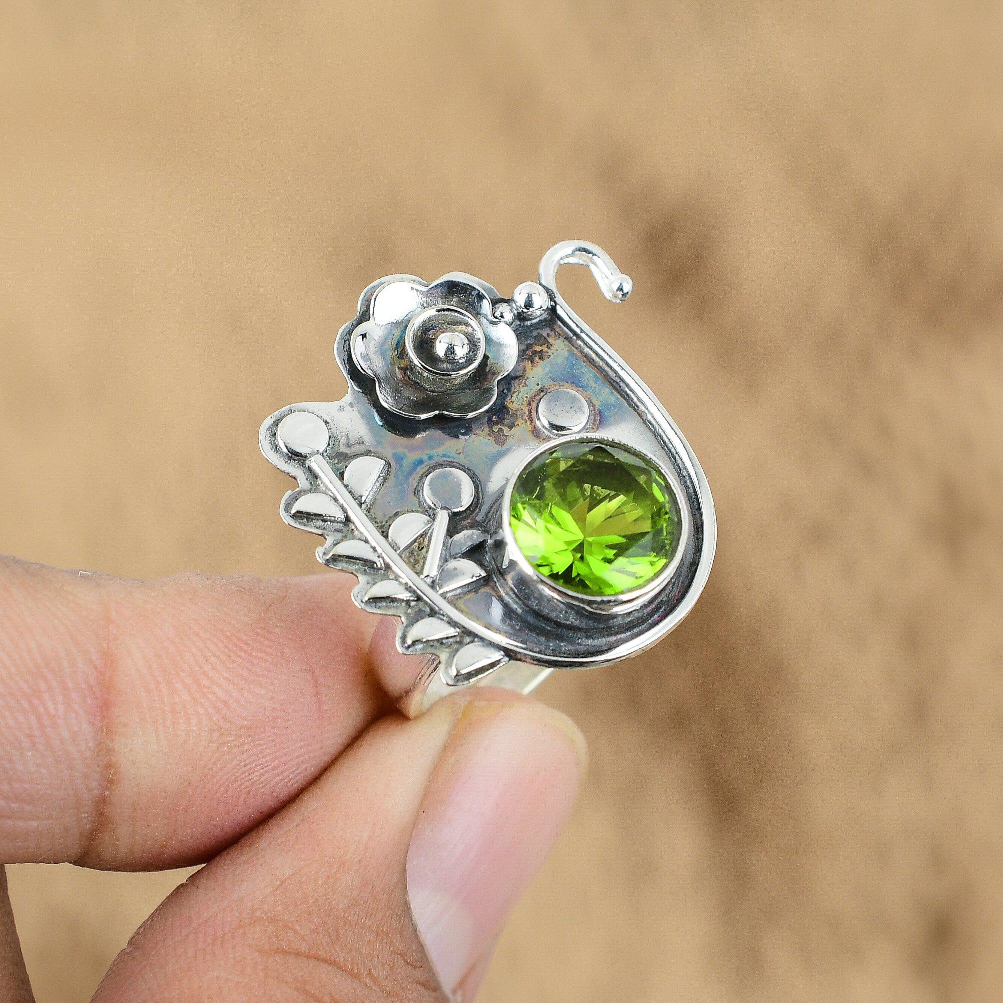 Mothers Day Deal Peridot Stone Unique Flower Wedding Ring 925 Sterling Silver