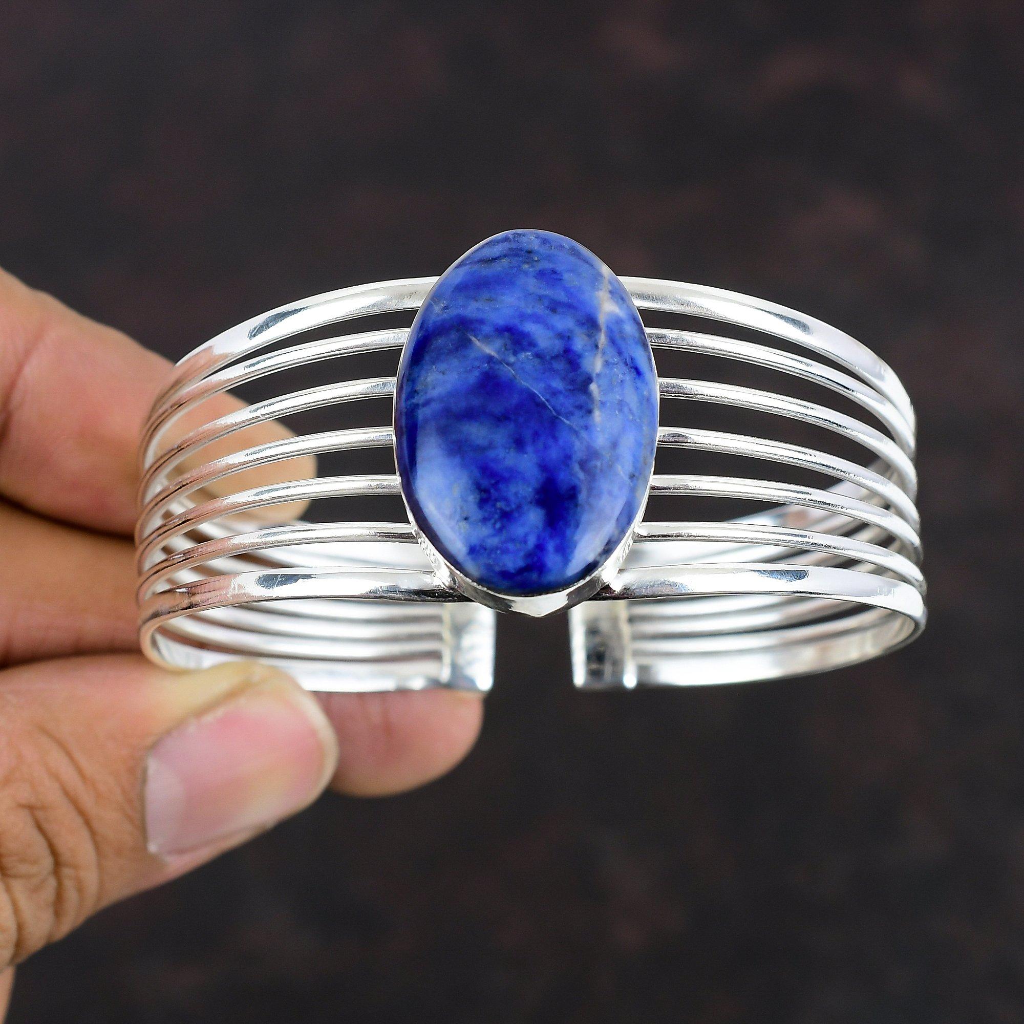 Содалит браслет-манжета уникальный браслет ручной работы из драгоценных камней, регулируемый браслет из стерлингового серебра 925 пробы, изящные ювелирные изделия, подарки для него, женский браслет