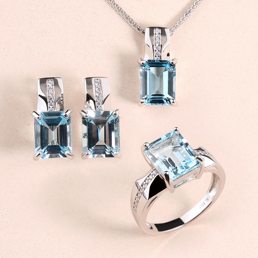 Bolaijewelry Простой дизайн, кольцо с натуральным небесно-голубым топазом, серьги, ожерелье, комплект ювелирных изделий из серебра 925 пробы, женские изысканные ювелирные изделия