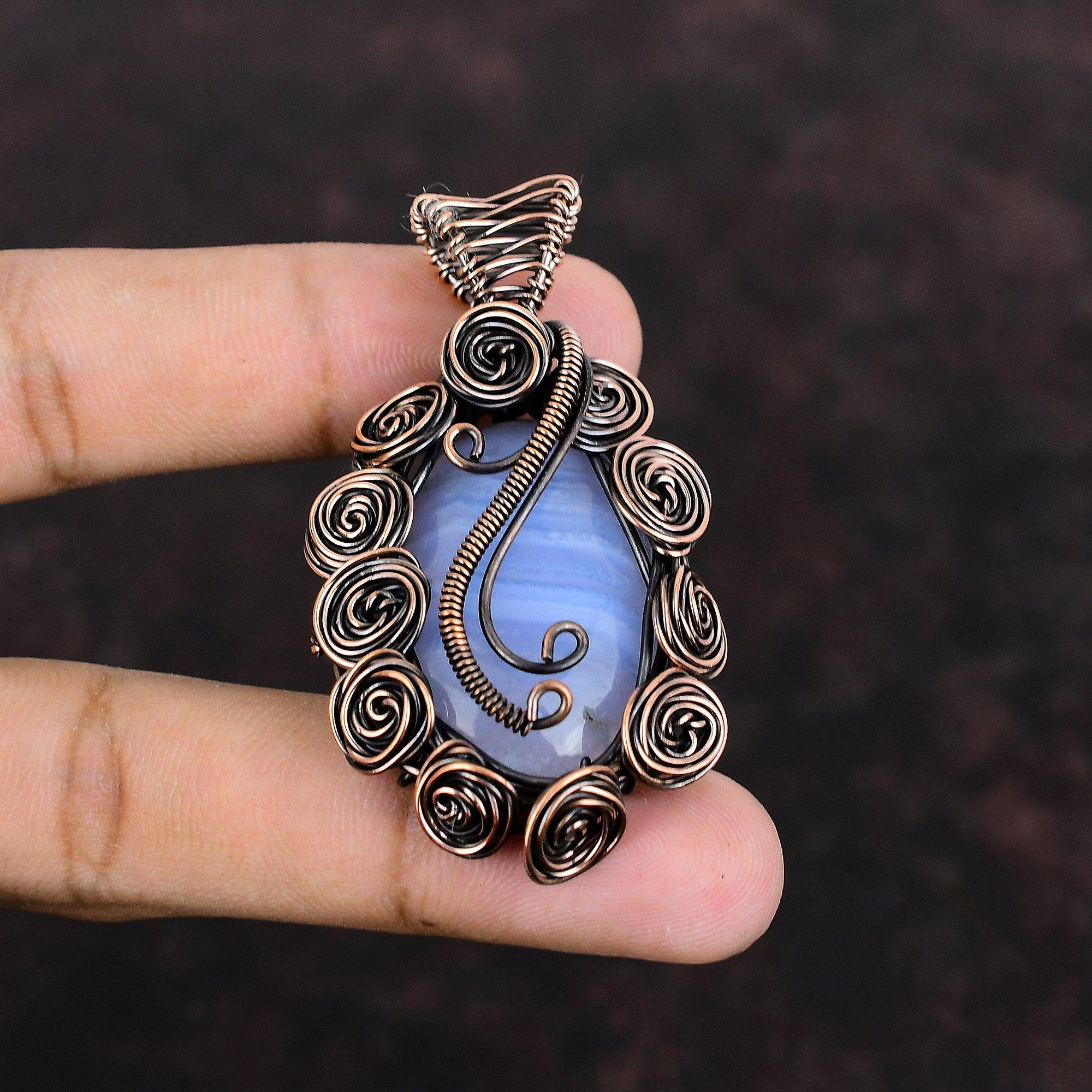 Подвеска из голубого кружевного агата, подвеска из медной проволоки, изящная подвеска из драгоценного камня, подвеска ручной работы, ювелирное изделие из медной проволоки, подарок для мамы, уникальная подвеска