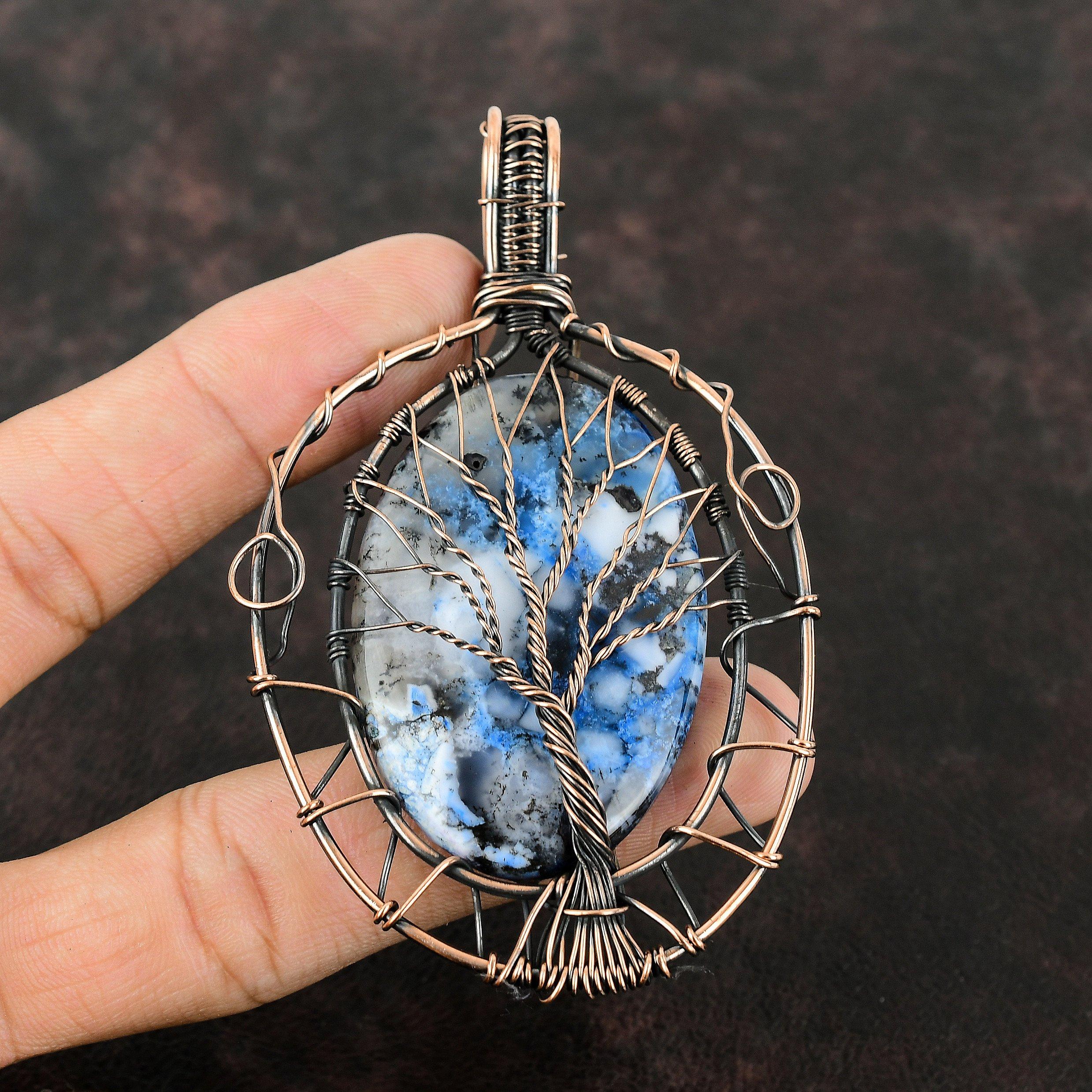 Подвеска из голубого дендрита и опала «Дерево жизни», медная проволочная обертка, драгоценный камень, подарок для нее, медная подвеска ручной работы, проволочная обертка, ювелирные изделия