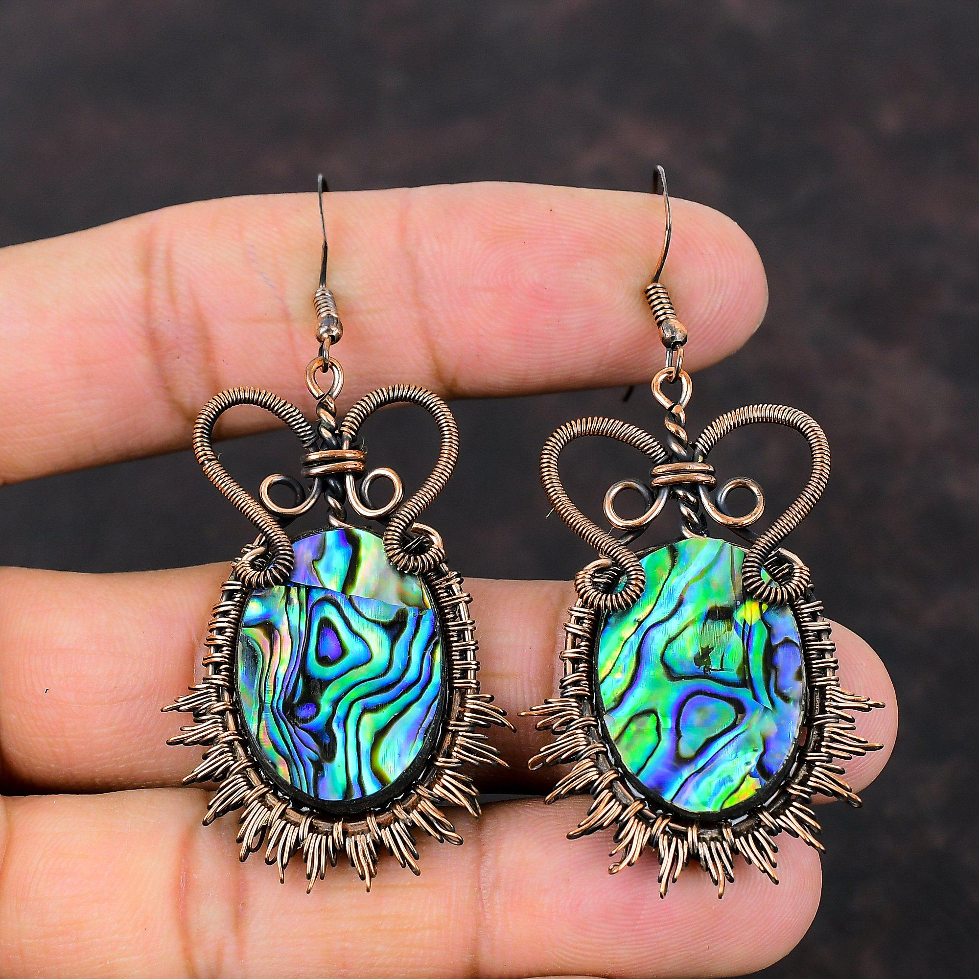 Серьги из раковины морского ушка с драгоценными камнями, серьги из медной проволоки, серьги ручной работы из ракушки морского ушка, ювелирные изделия, подарок для нее, висячие серьги, изящные медные украшения