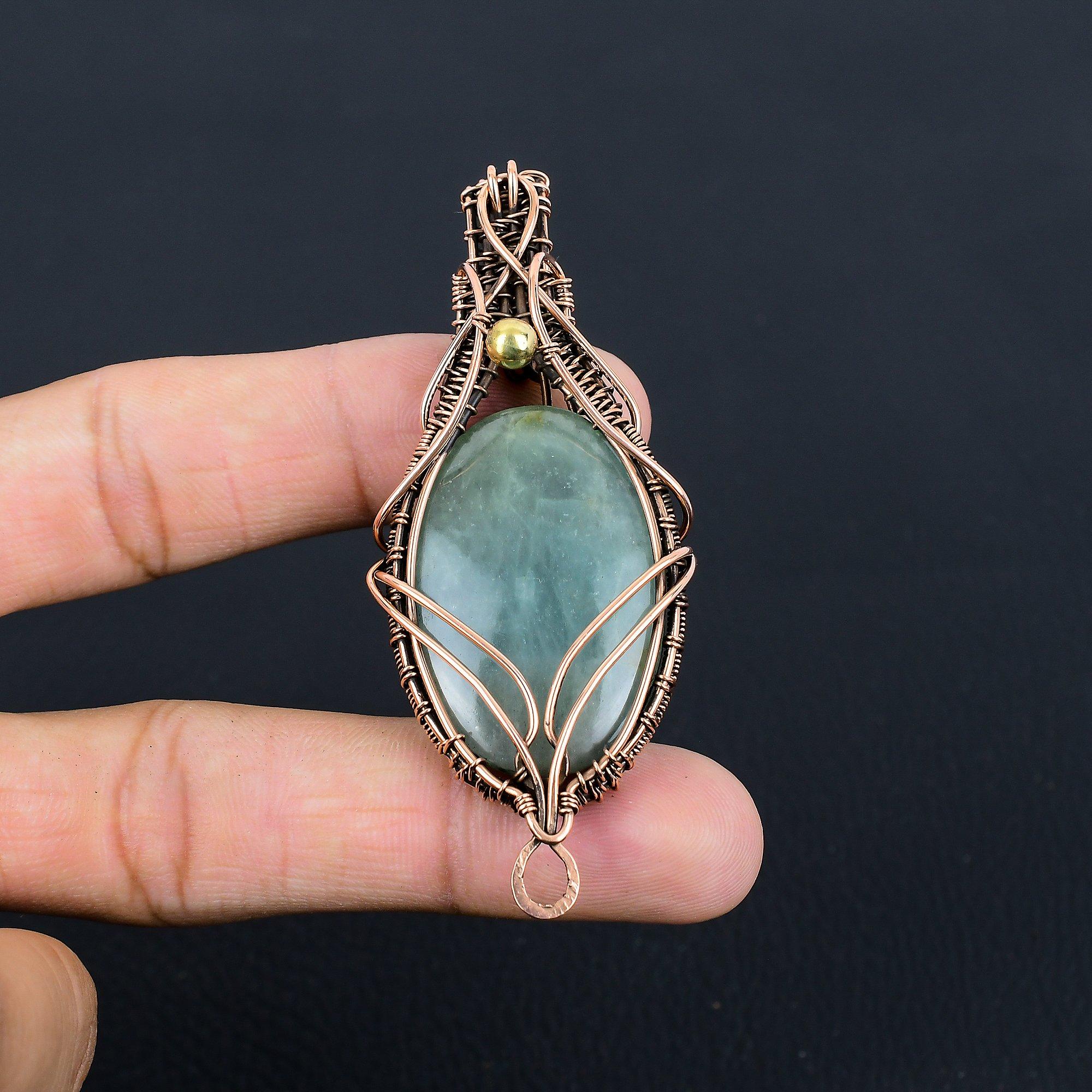 Aquamarine Gemstone Handmade Pure Copper Wire Wrapped Pendant Jewelry