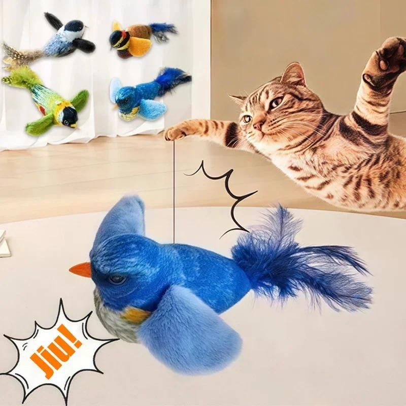 Chirping Bird Cat Toy Interactive Flapping Wings Plush Bird Toy, Elastic Rope To Relieve Boredom and Resist Scratching and Biting