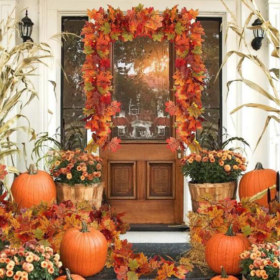 2M Artificial Fall Maple Leaf Garland Fake Plants Autumn Decor Leaves Vine for Thanksgiving Halloween Festivals Wedding Decora