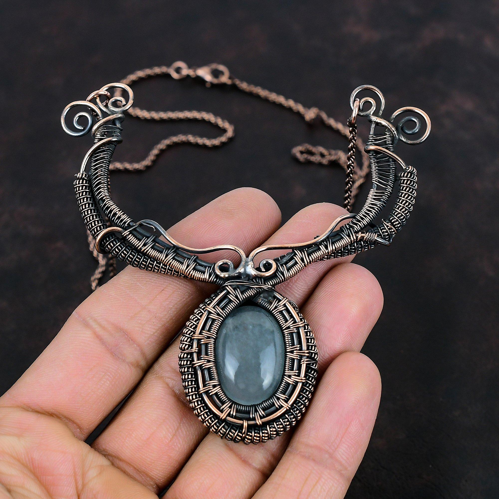 Ожерелье с аквамарином Ожерелье из медной проволоки Ювелирные изделия ручной работы Ожерелье из драгоценных камней Антикварные медные украшения Подарок на помолвку Дизайнерское ожерелье