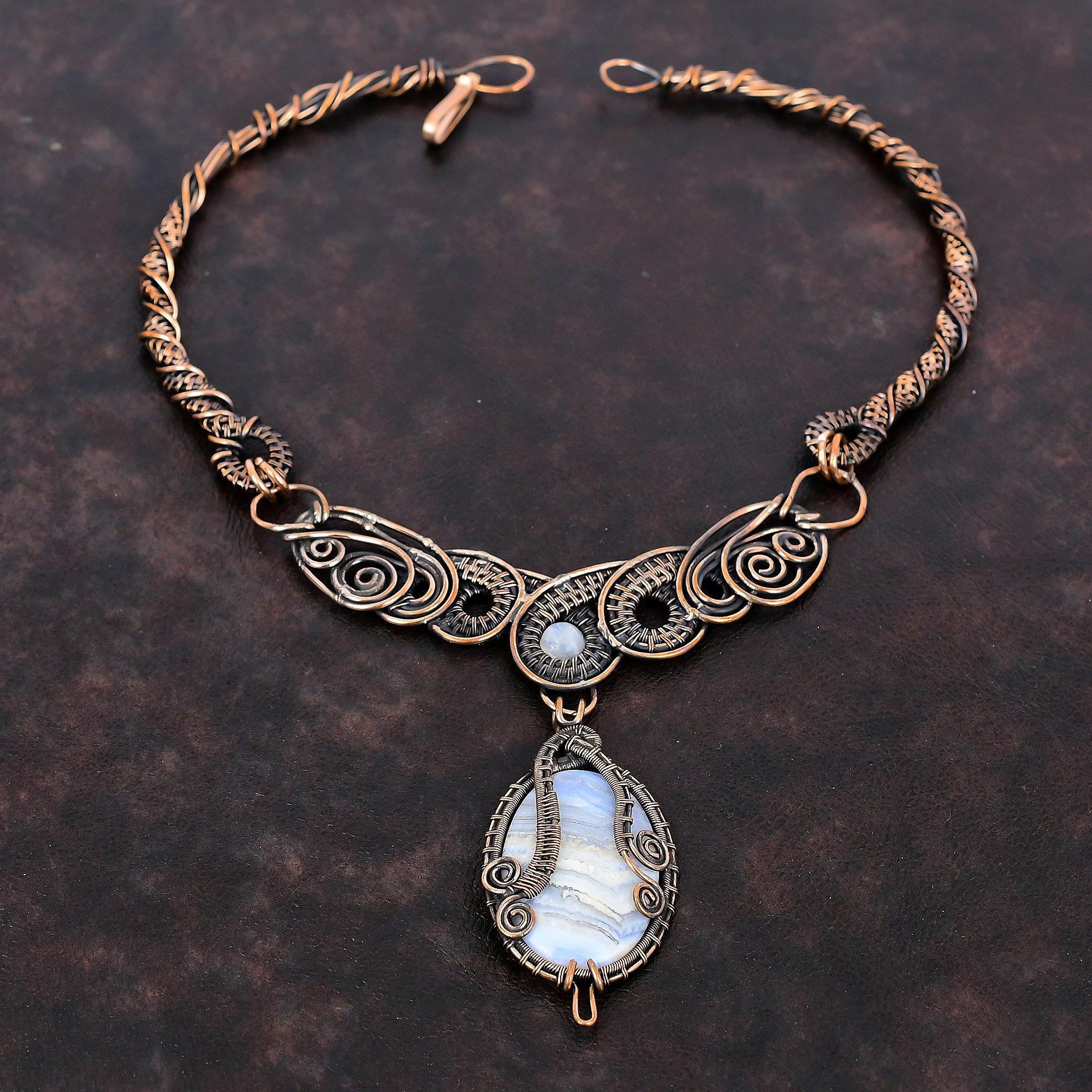 Blue Lace Agate Necklace Copper Wire Wrapped Necklace Rainbow Moonstone Gemstone Necklace Amazing Copper Jewelry For Gift Handmade Necklace