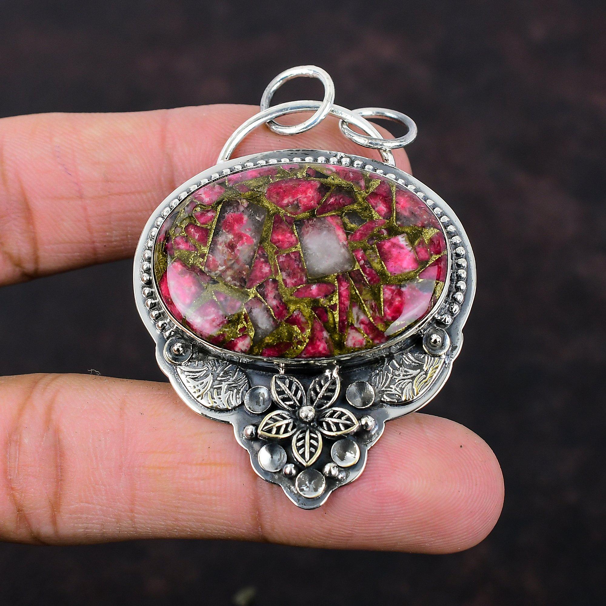 Медный кулон из тулита, ювелирные изделия ручной работы, высококачественный кулон с драгоценным камнем, стерлинговое серебро 925 пробы, кулон с цветком, кулон в стиле бохо, ювелирные изделия для подарка