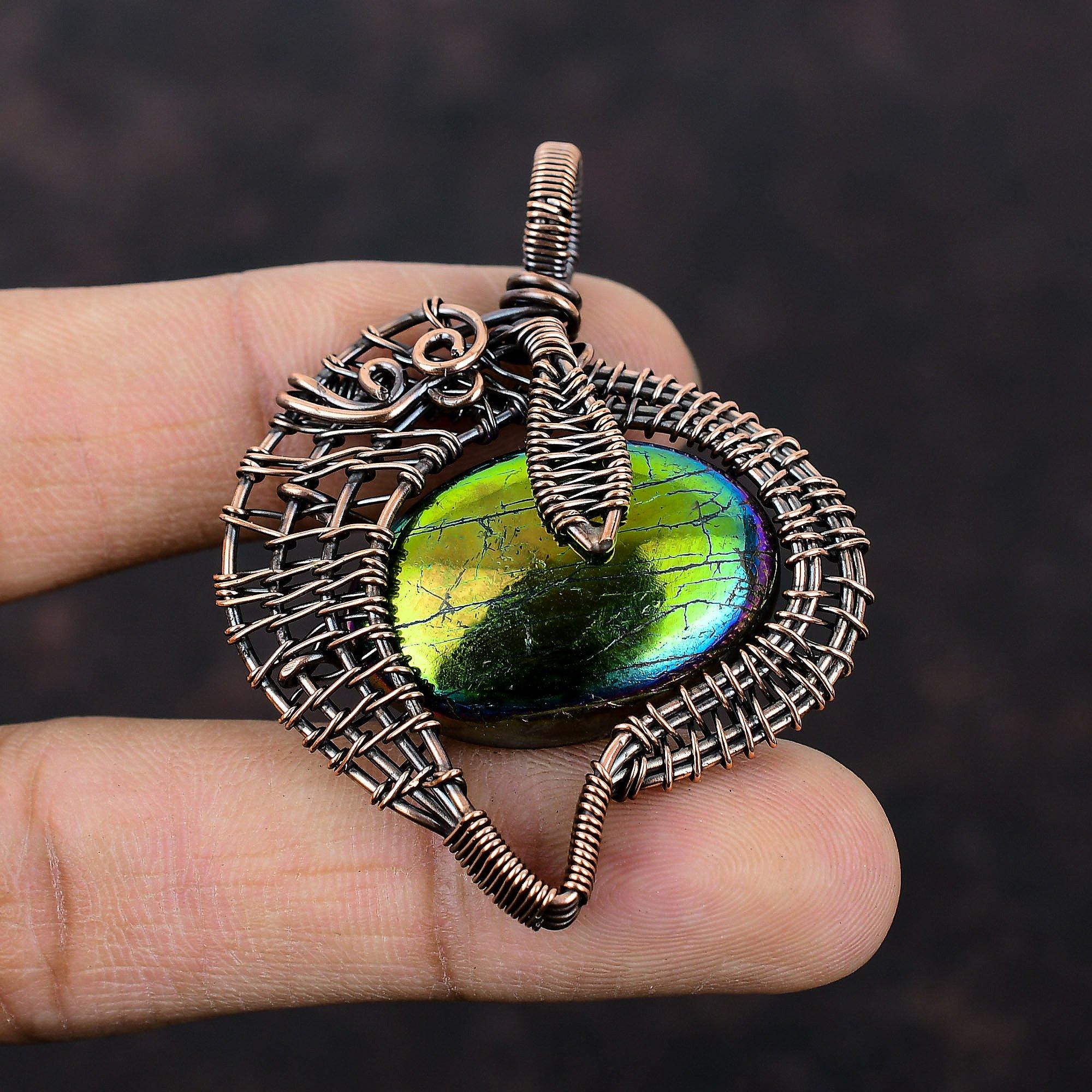 Кулон Mystic Fire Labradorite, подвеска из медной проволоки, подвеска ручной работы, подвеска из медной проволоки, ювелирное изделие, подвеска из настоящего драгоценного камня, подарок для него