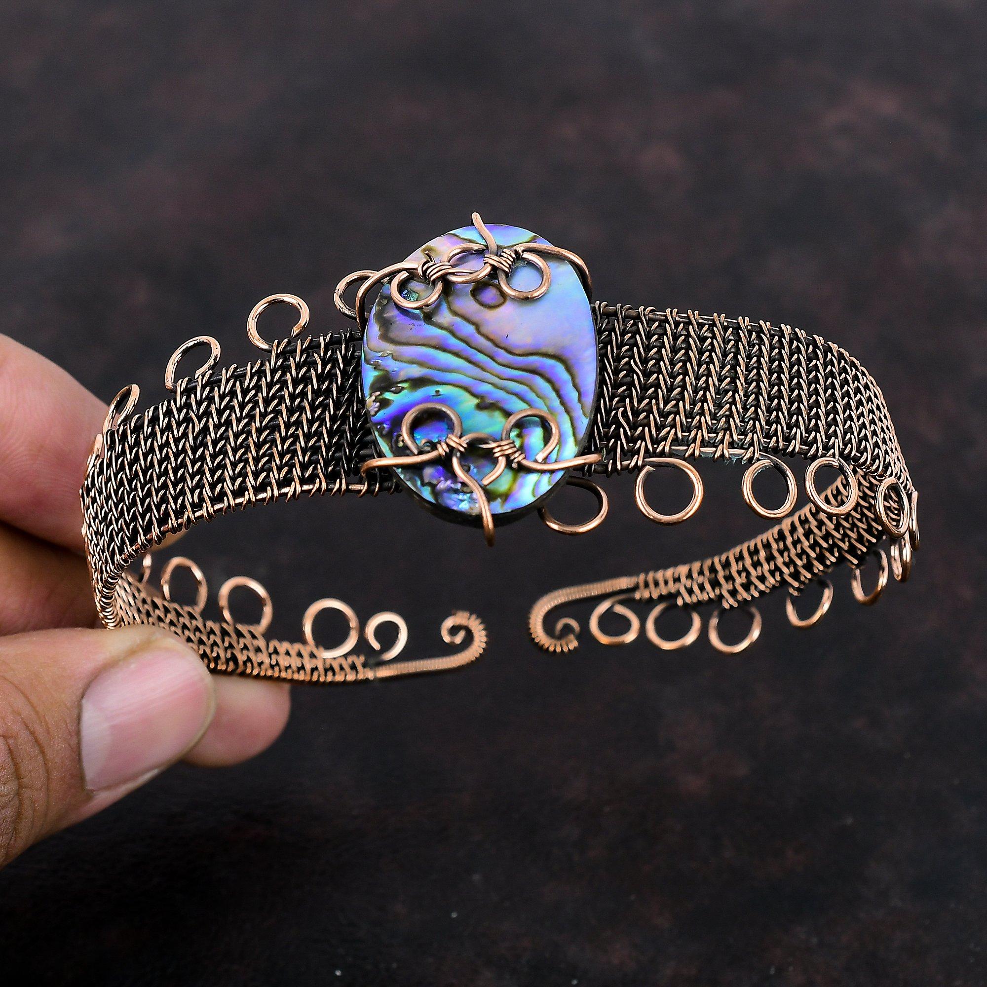 Abalone Shell Bangle Copper Wire Wrapped Cuff Bracelet Handmade Real Gemstone Bangle Adjustable Cuff Bracelet Wire Wrap Jewelry Gift For Her