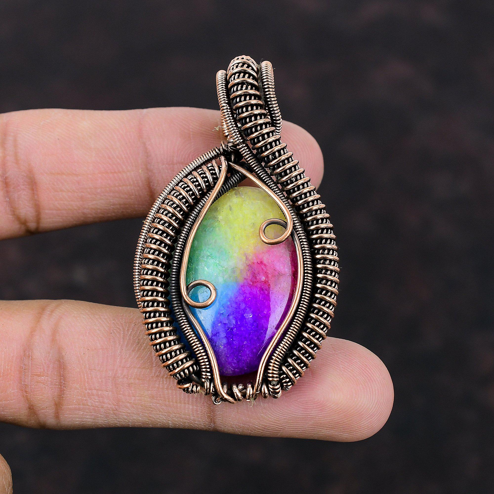 Радужный солнечный кварцевый кулон с друзами, медная проволока, кулон, ювелирные изделия в этническом стиле, кулон ручной работы, драгоценный камень, медное ювелирное изделие, подарок для сестры