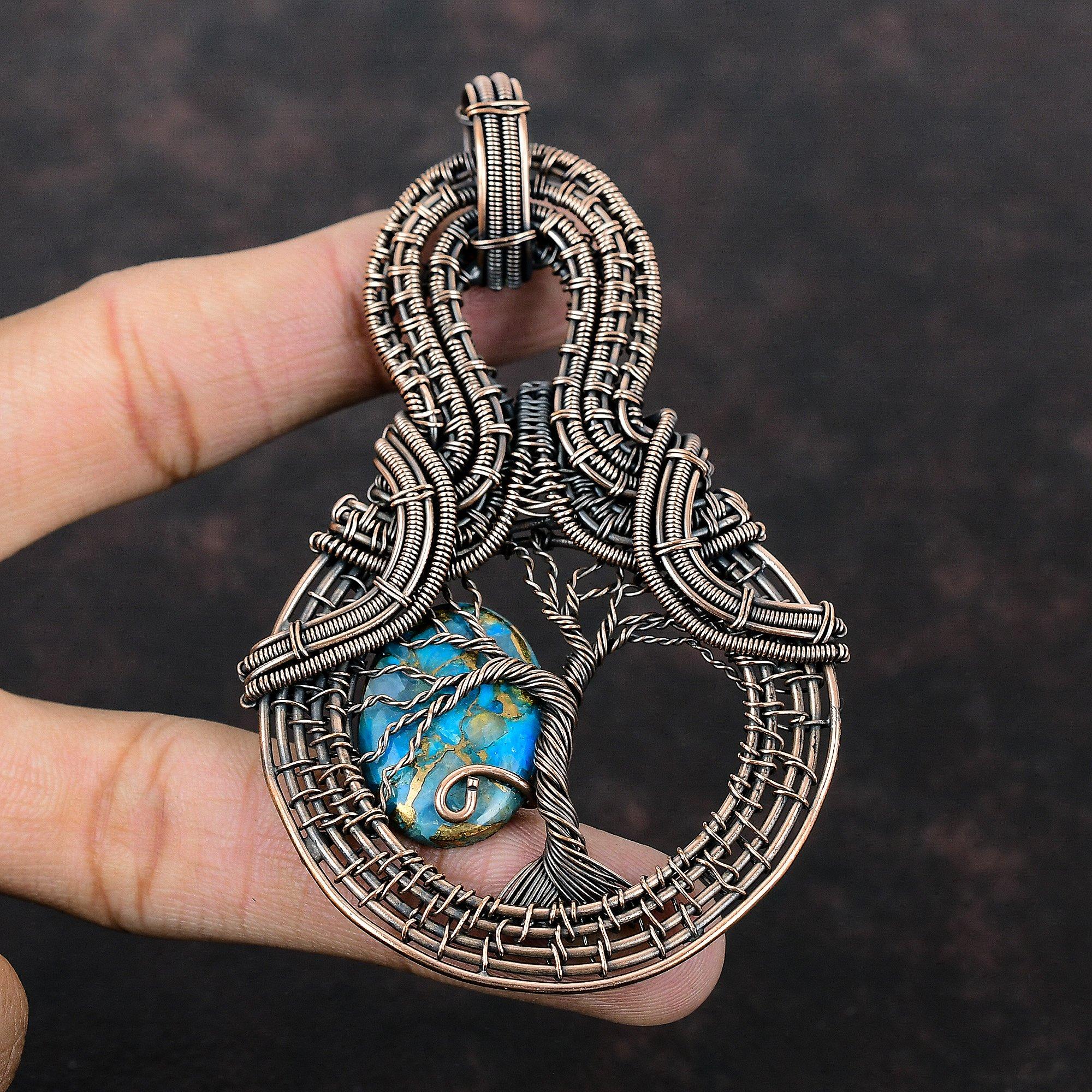 Tree Of Life Copper Blue Turquoise Pendant Copper Wire Wrapped Pendant Copper Wire Wrap Jewelry Real Gemstone Handmade Pendant Gift For Girl