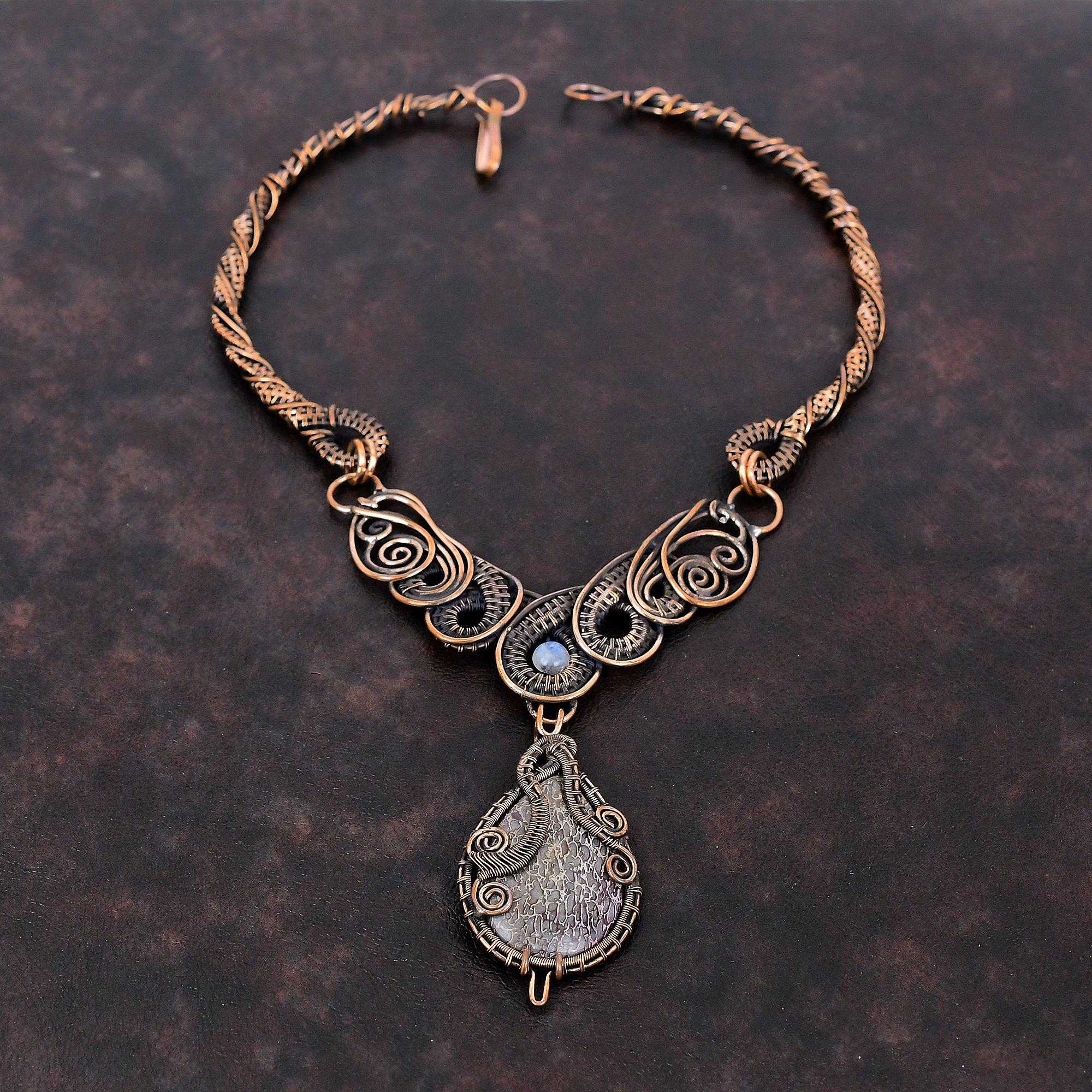 Ожерелье из кости динозавра и драгоценного камня, ожерелье из медной проволоки, медные украшения, ожерелье из лунного камня, подарок на годовщину, ювелирные изделия ручной работы из проволочной обмотки