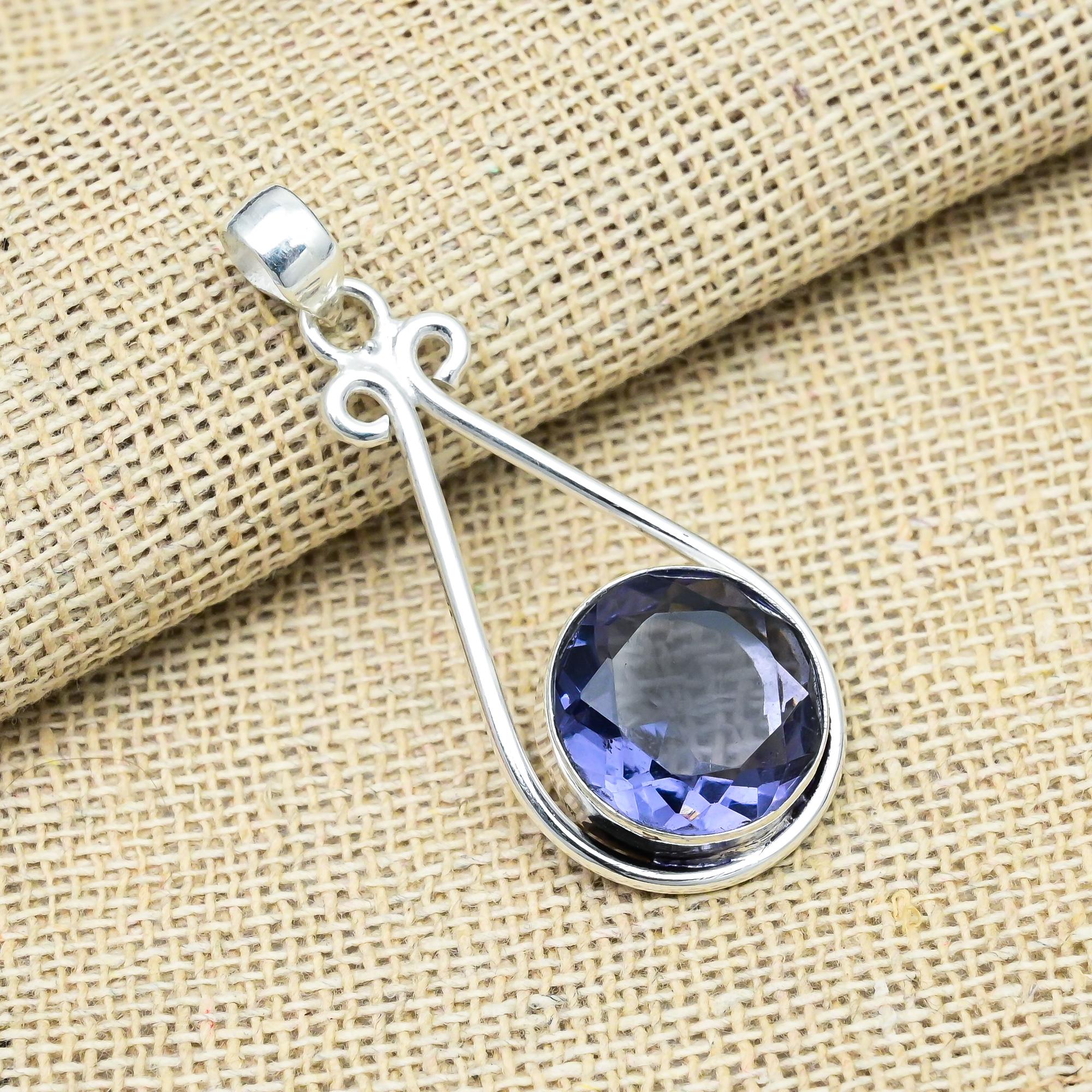 Iolite Gemstone 925 Solid Sterling Silver Handmade Antique Jewelry Gift For Mother Pendant