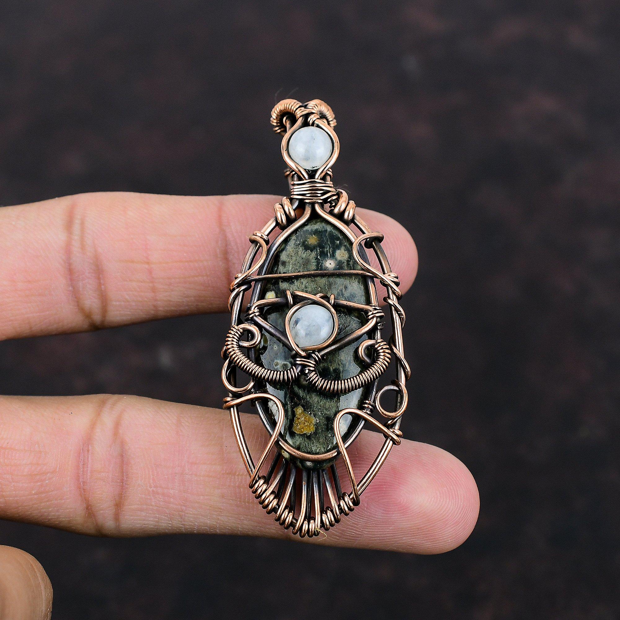 Подвеска «Сглаз» из океанской яшмы Радуга Подвеска из лунного камня Медная проволока Подвеска из медной проволоки Ручная работа Медные украшения Подвеска из драгоценного камня Подарок для матери