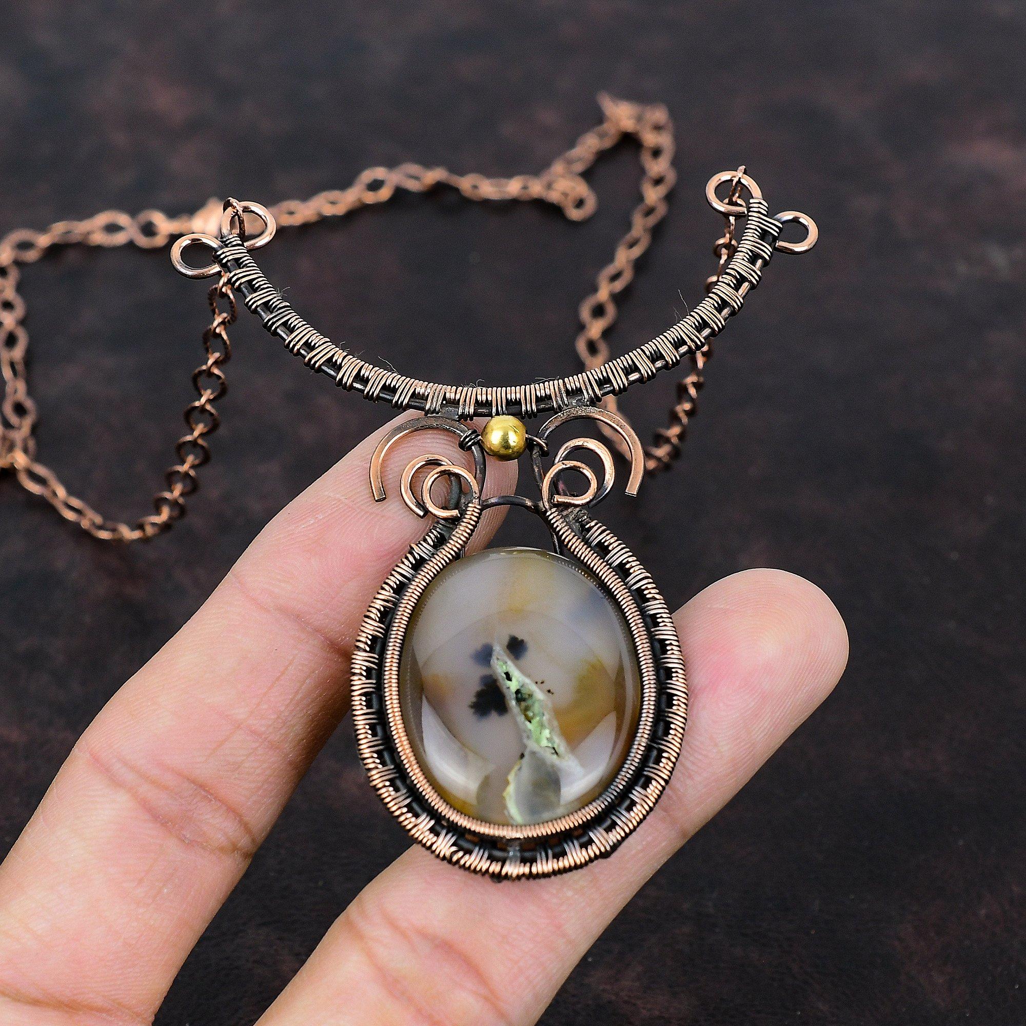 Ожерелье из монтской агаты, ожерелье, обмотанное медной проволокой, ожерелье с драгоценным камнем, регулируемое ожерелье, ожерелье ручной работы, украшение из медной проволоки, подарок для матери