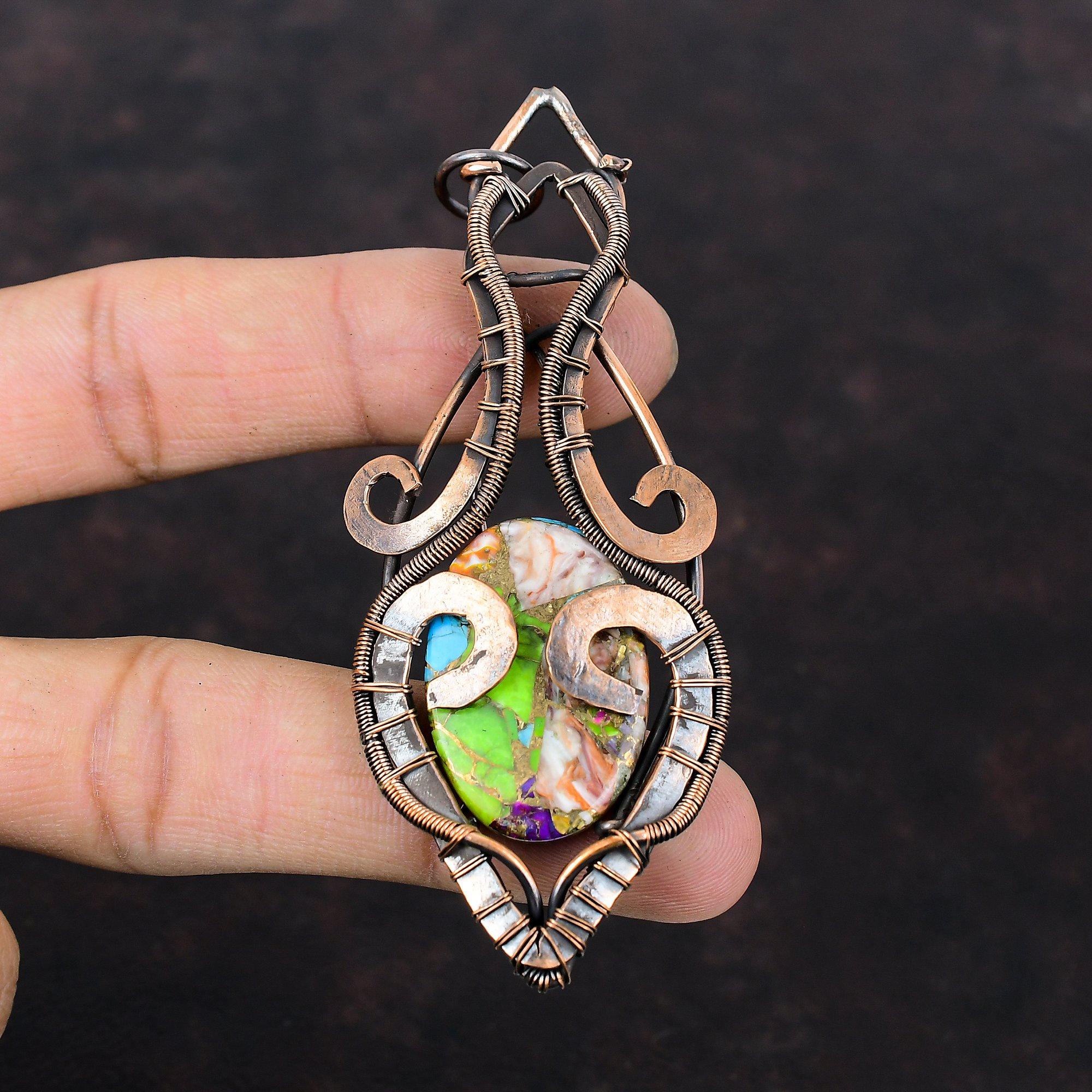 Мультимедный бирюзовый кулон Кулон из медной проволоки Медные ювелирные изделия Кулон с камнем ручной работы Кулон с драгоценным камнем Ювелирные изделия в проволочной обертке