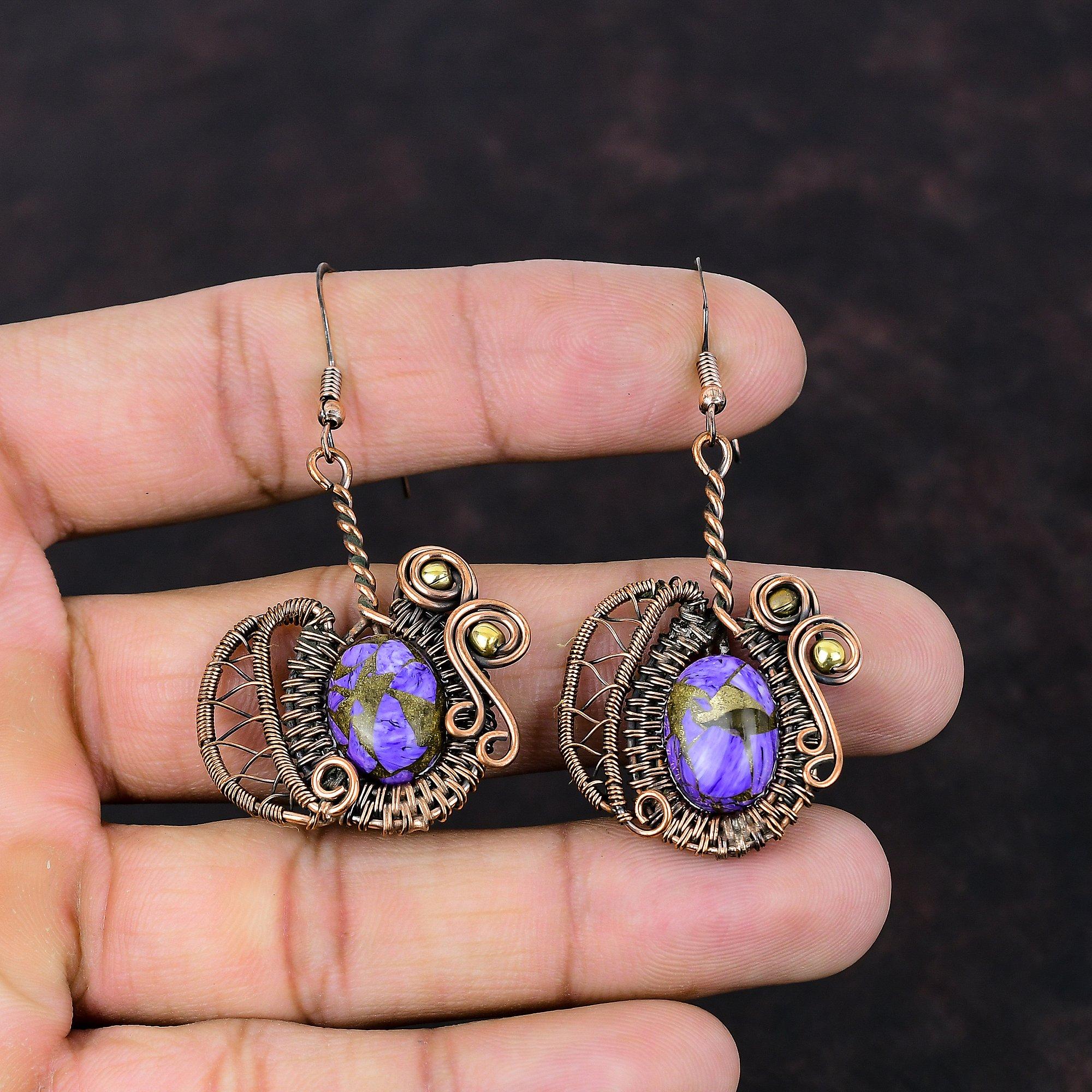 Серьги из медного чароита, серьги из медной проволоки с драгоценными камнями, медные украшения, серьги ручной работы, ювелирные изделия с проволочной обмоткой, подарок для нее, дизайнерские серьги