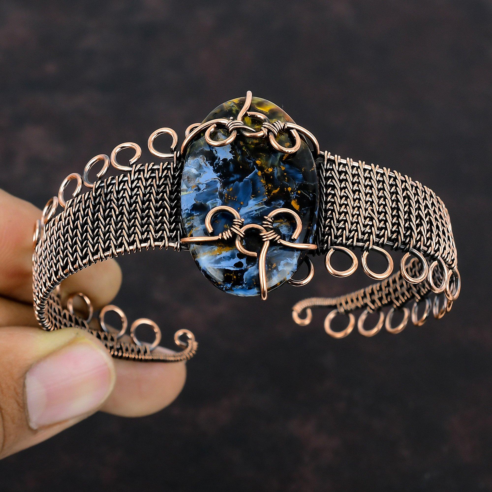 Браслет Pietersite, браслет из медной проволоки, регулируемый браслет-манжета, браслет с драгоценными камнями для женщин, медная проволока ручной работы, ювелирные изделия, подарок для нее