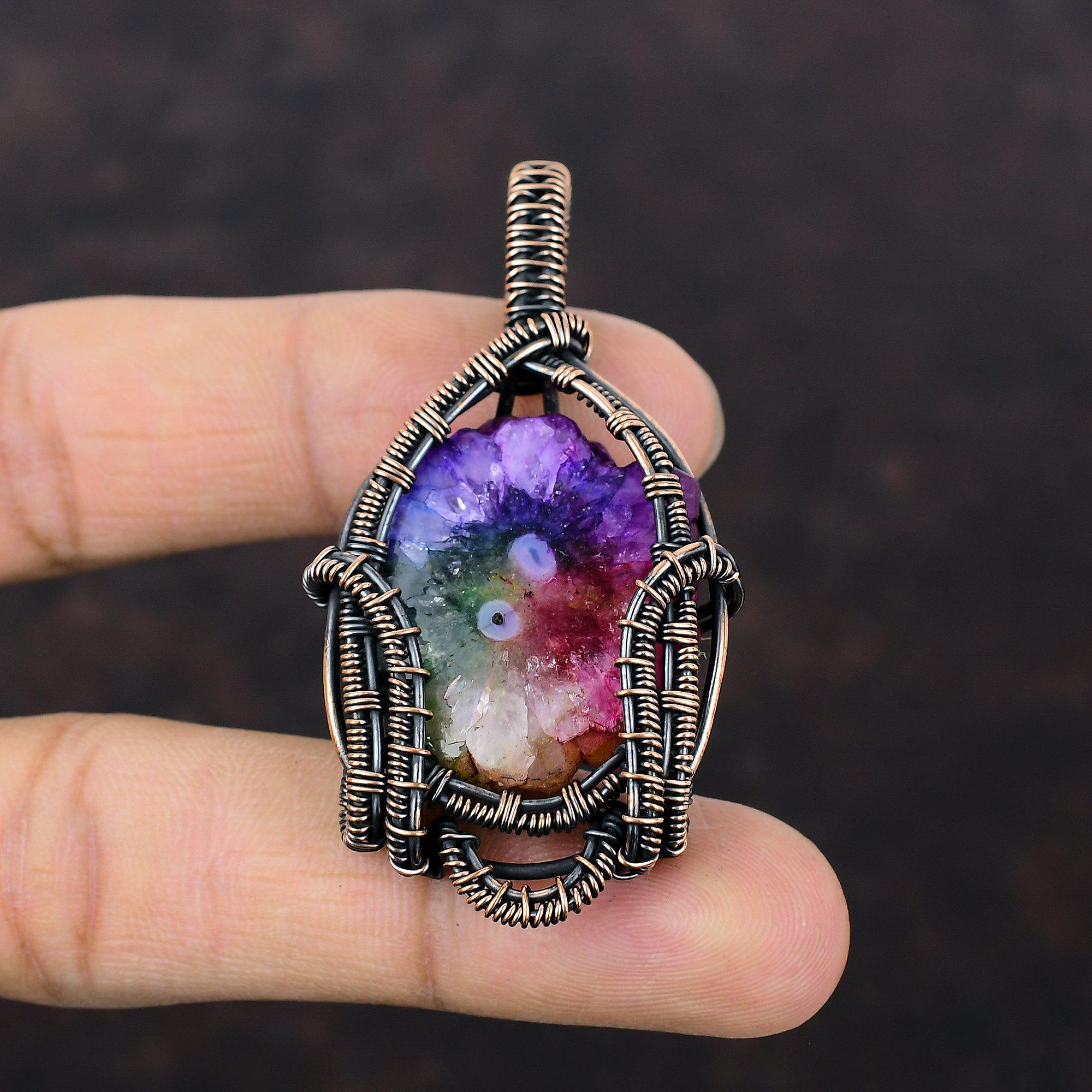 Подвеска Друза Радужный Солнечный Кварц Подвеска, Обмотанная Медной Проволокой, Ювелирные Изделия Ручной Работы, Подвеска из Драгоценного Камня Высшего Качества, Медные Ювелирные Изделия, Подарок на Свадьбу